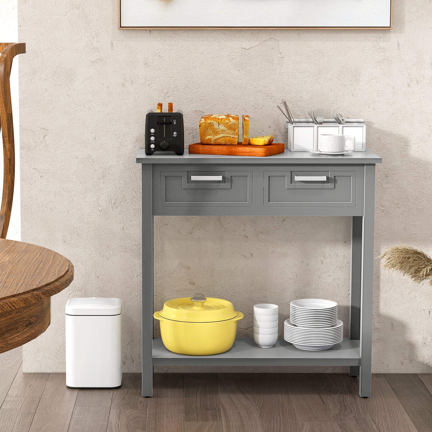 Slim Console Table with Drawers and Open Storage Shelf for Entryway or Living Room - Grey