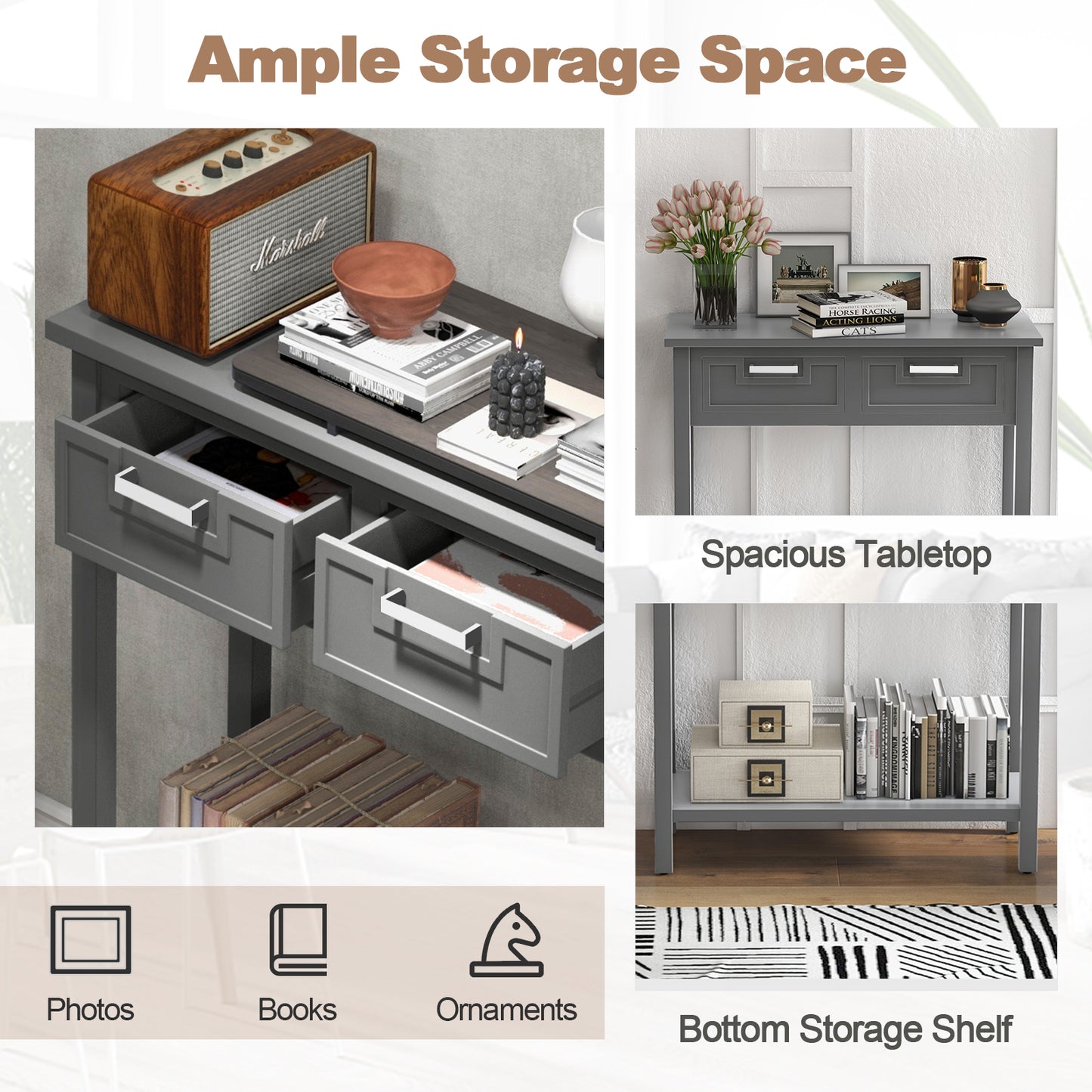 Slim Console Table with Drawers and Open Storage Shelf for Entryway or Living Room - Grey