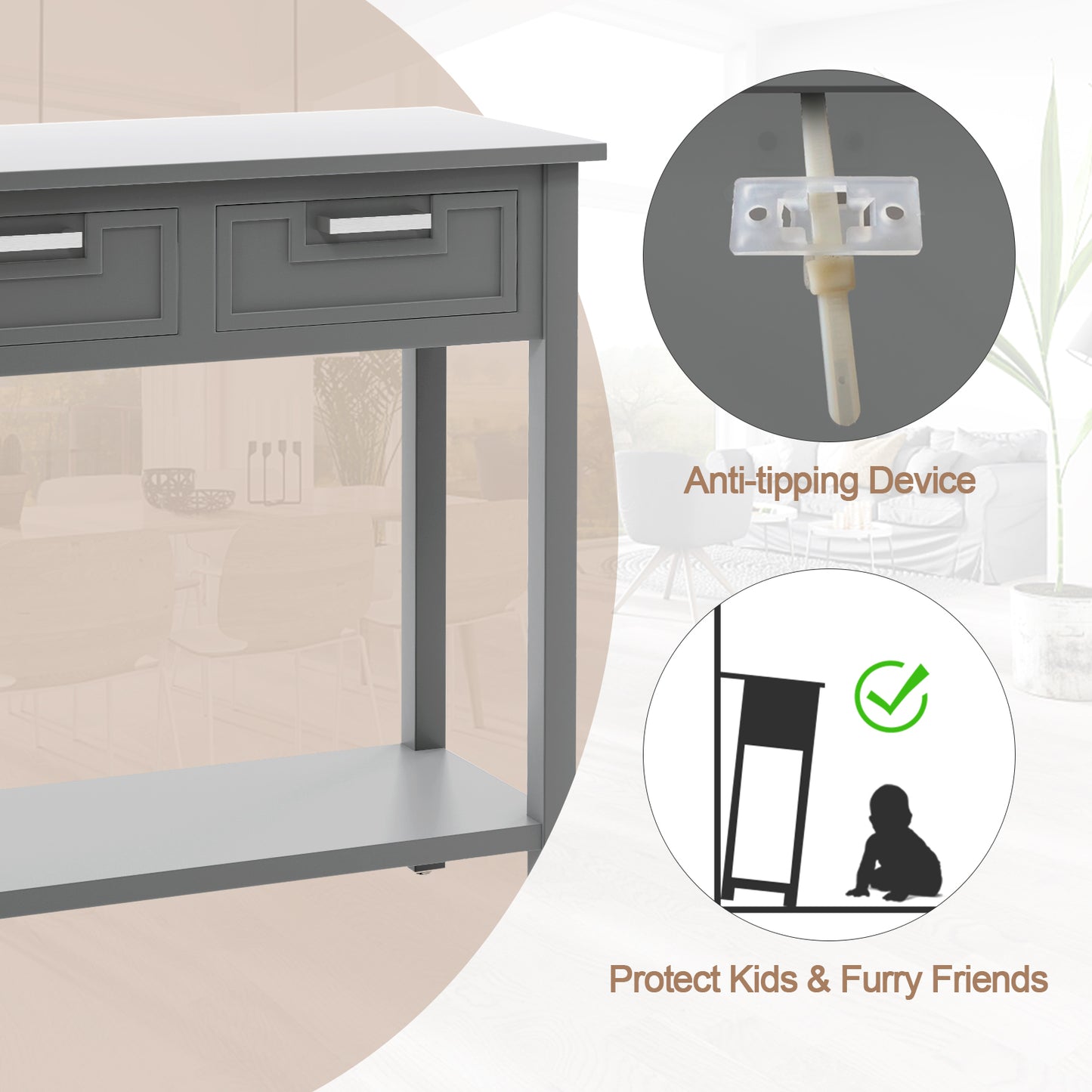 Slim Console Table with Drawers and Open Storage Shelf for Entryway or Living Room - Grey