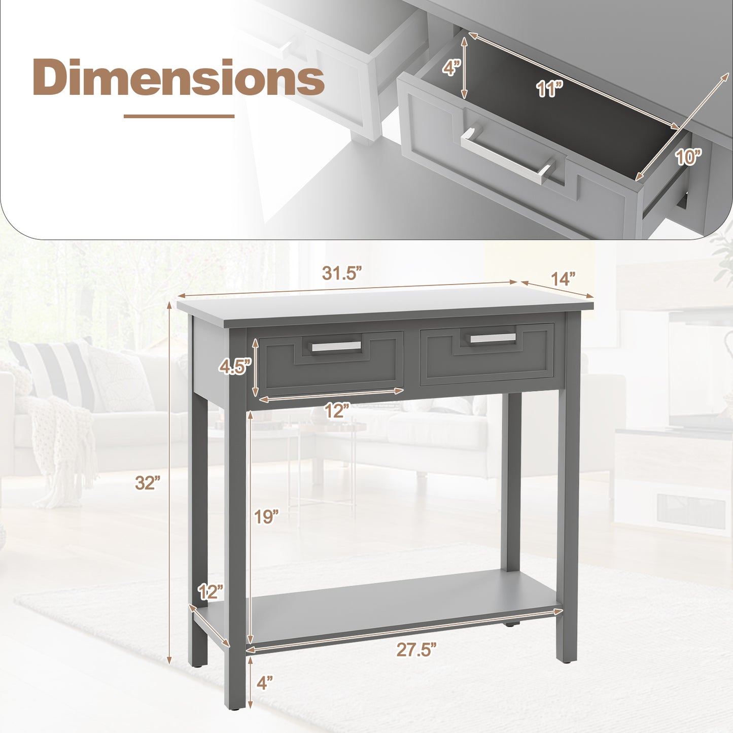 Slim Console Table with Drawers and Open Storage Shelf for Entryway or Living Room - Grey