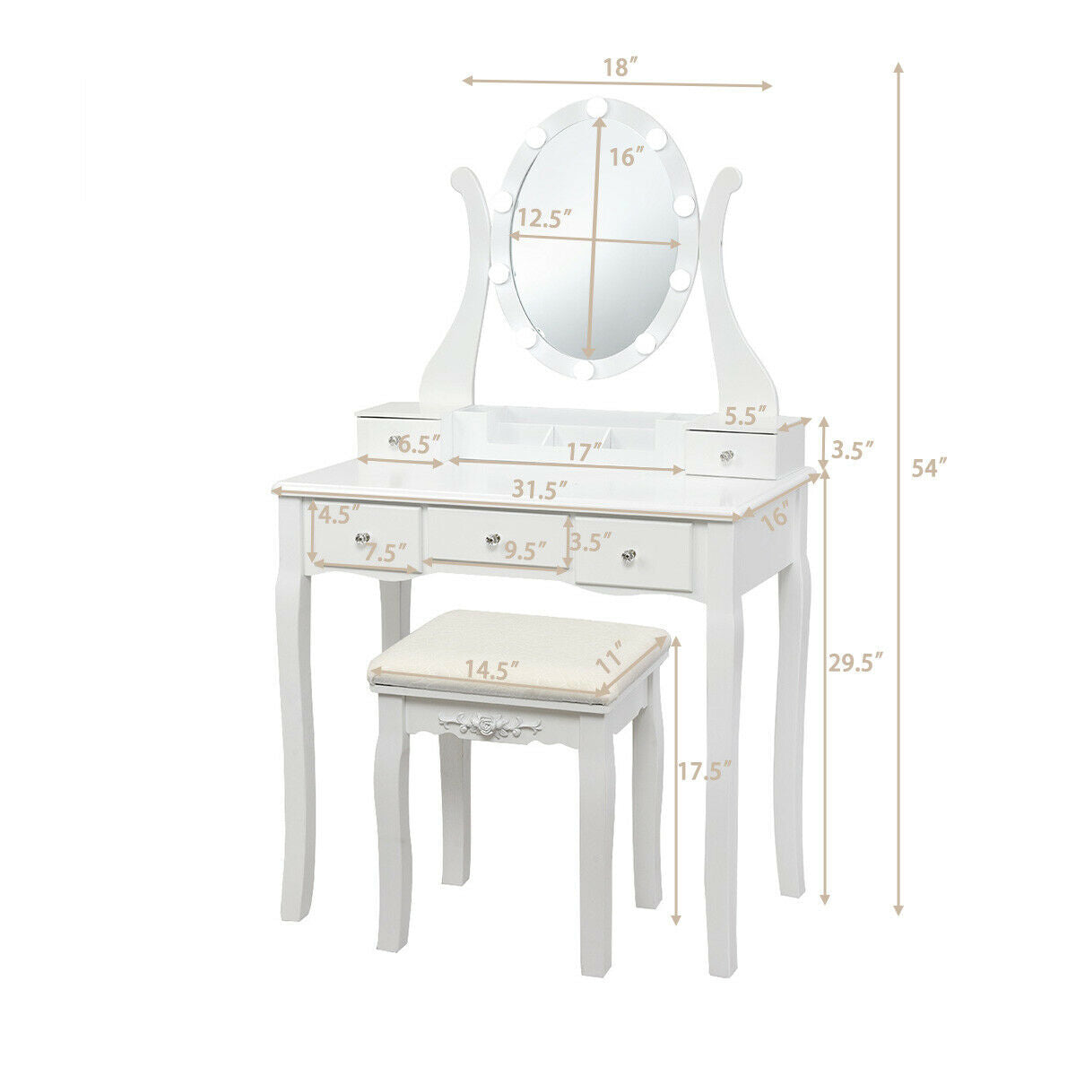 Vanity Set with Lighted Mirror, 10 Dimmable LEDs, Drawers, and Cushioned Stool – White