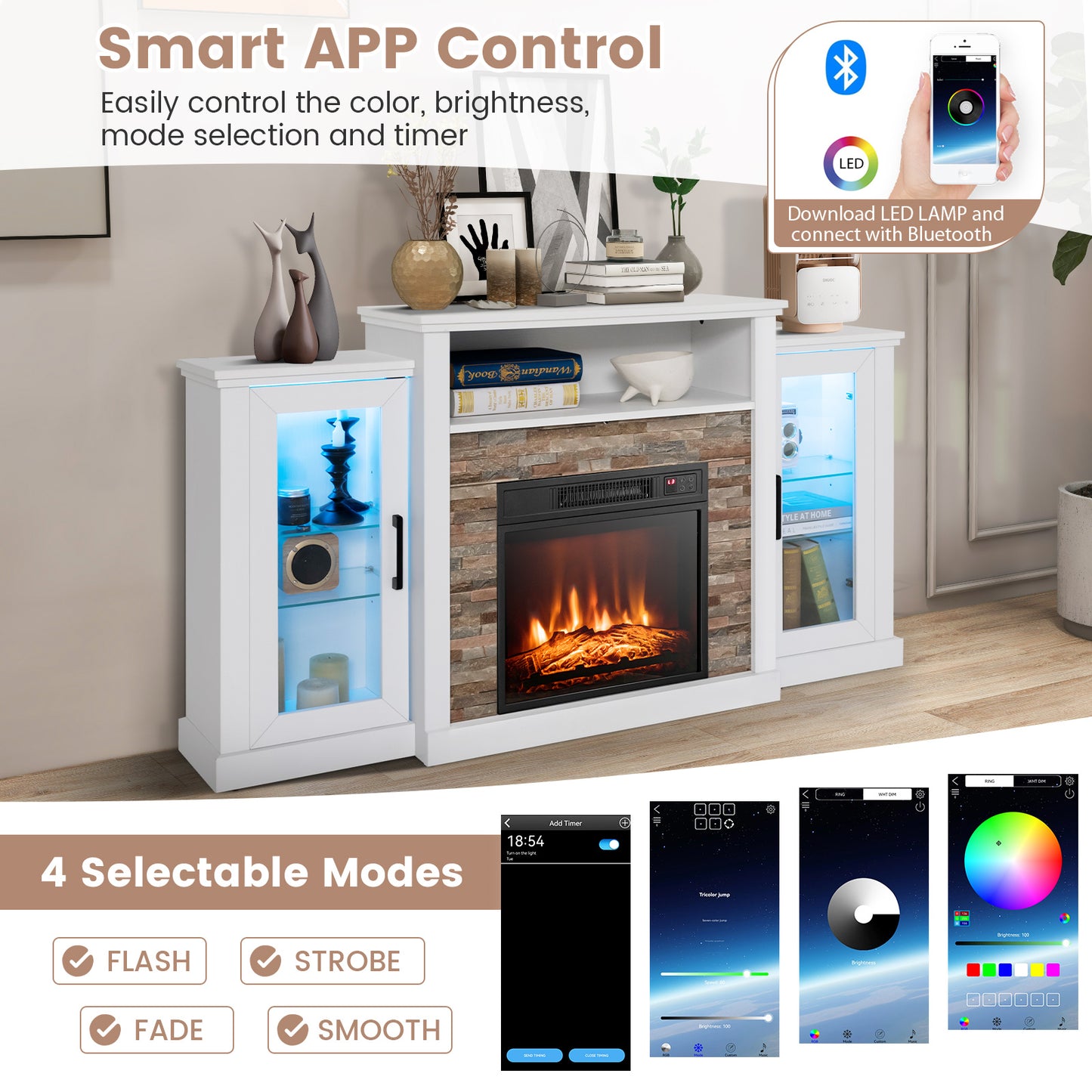 TV Cabinet with Electric Fireplace and Remote-Controlled LED Lights for TVs up to 65 Inches - White
