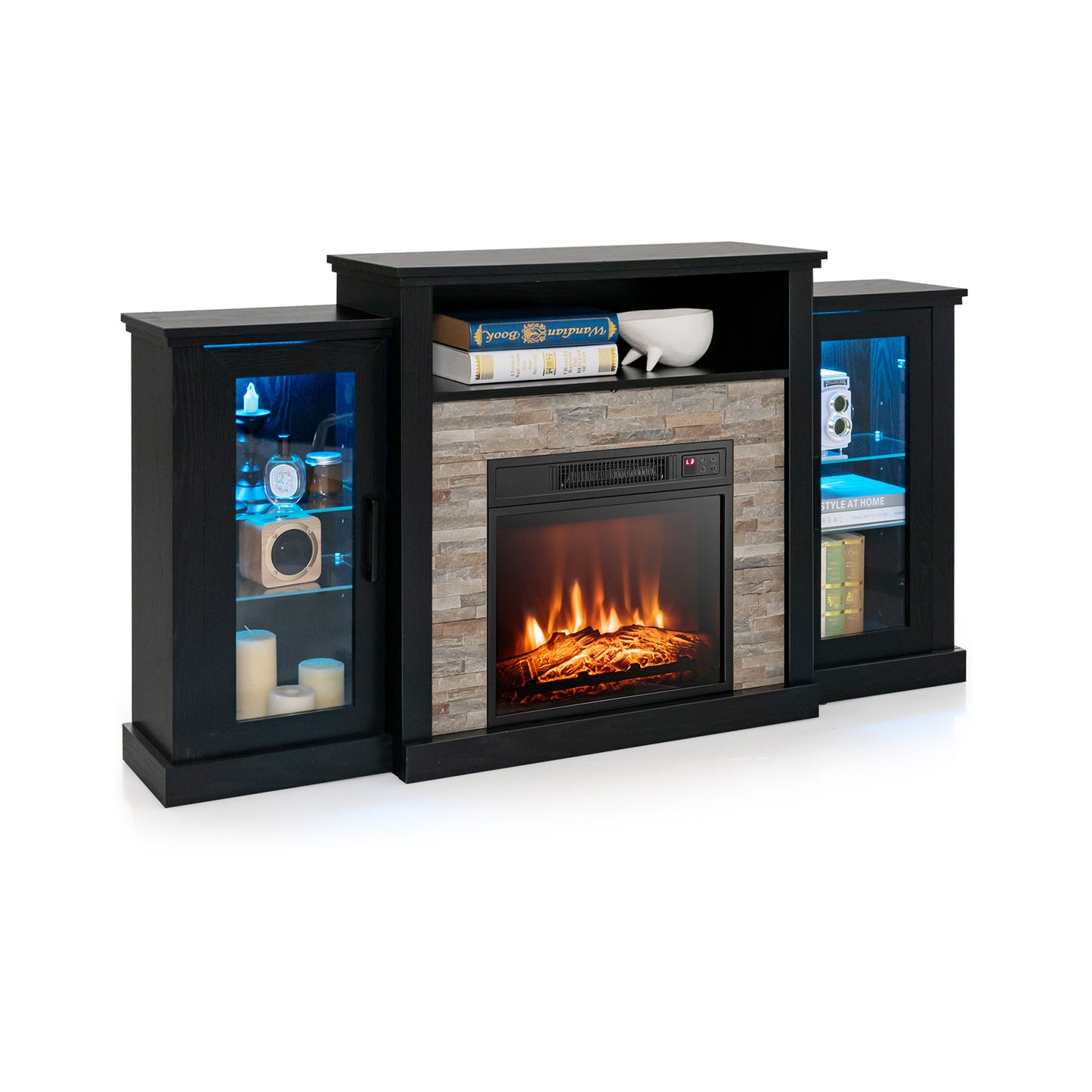 TV Cabinet with Electric Fireplace and Remote-Controlled LED Lights for TVs up to 65 Inches - Black