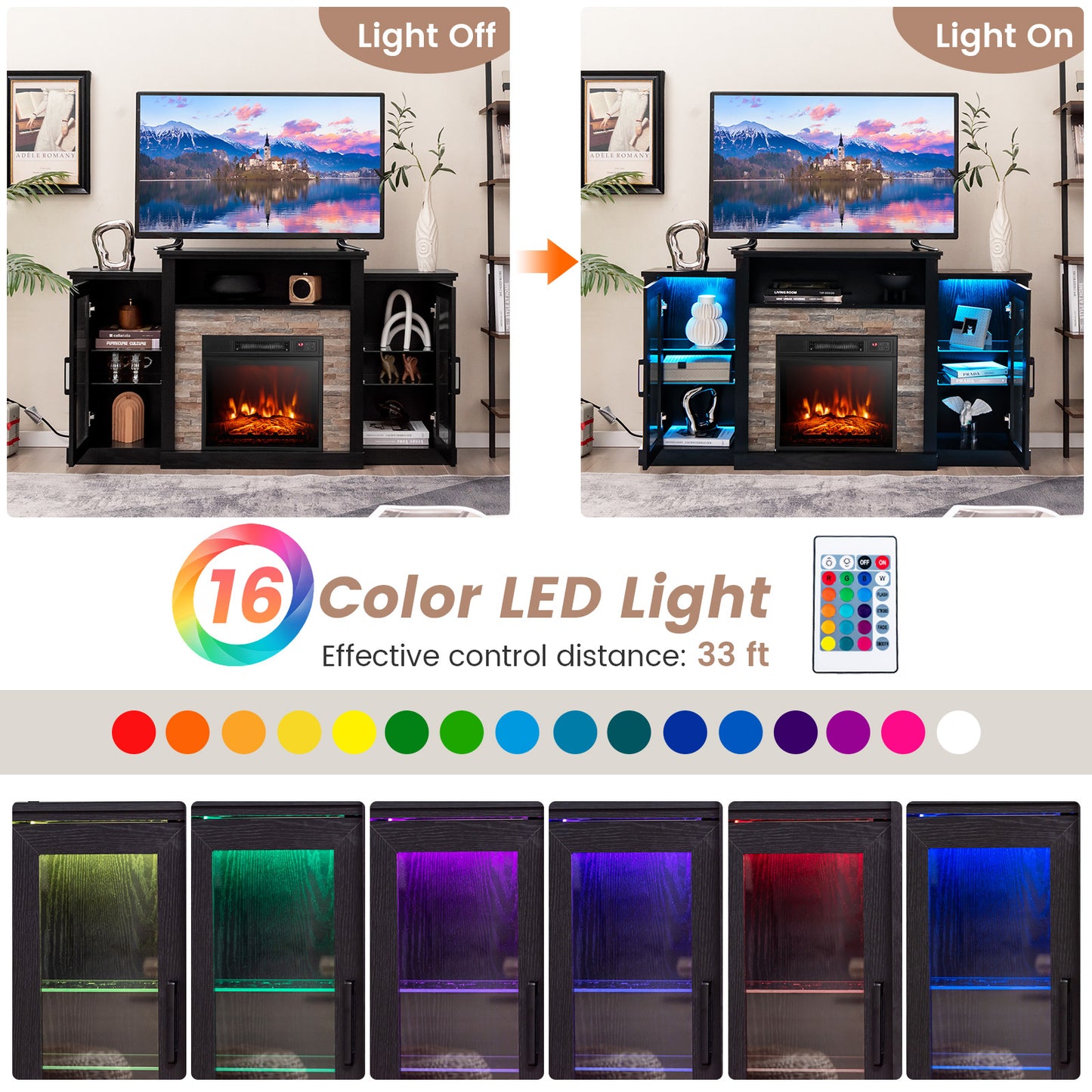 TV Cabinet with Electric Fireplace and Remote-Controlled LED Lights for TVs up to 65 Inches - Black