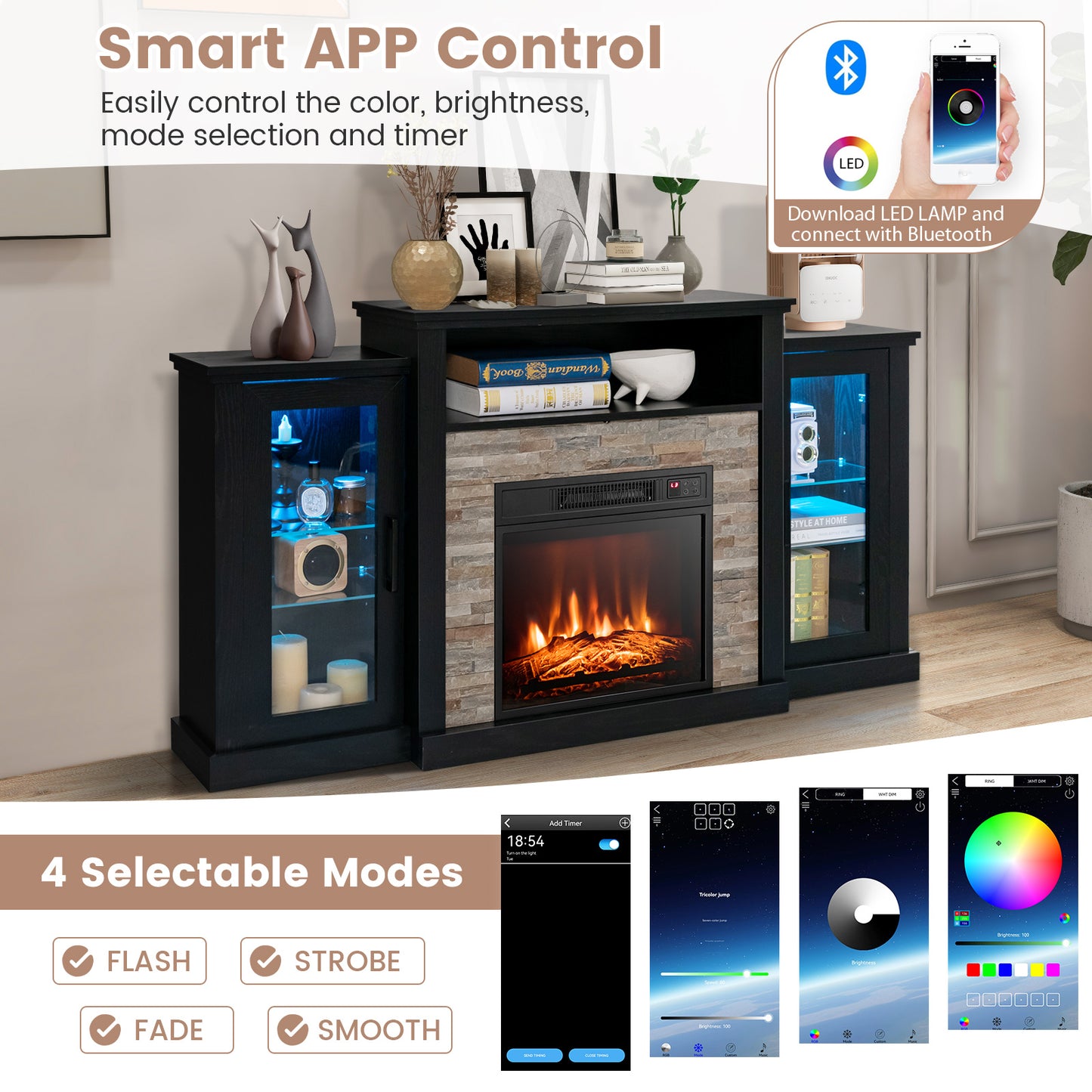 TV Cabinet with Electric Fireplace and Remote-Controlled LED Lights for TVs up to 65 Inches - Black