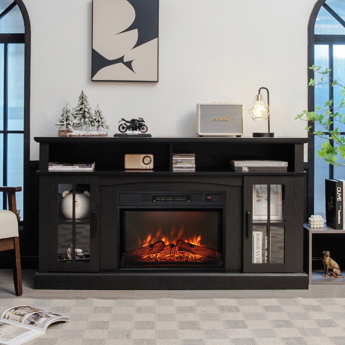 Entertainment Center with 1400W Electric Fireplace for TVs up to 65 Inches in Black