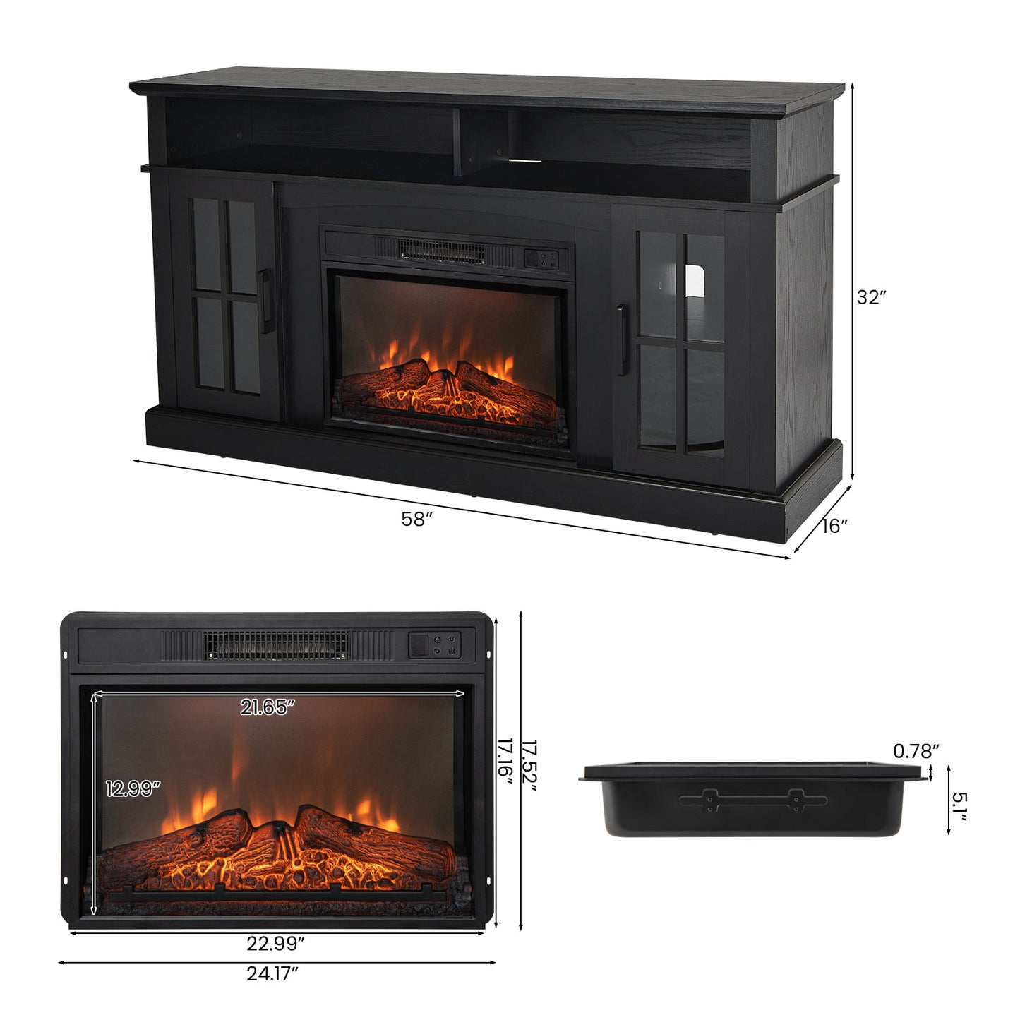 Entertainment Center with 1400W Electric Fireplace for TVs up to 65 Inches in Black