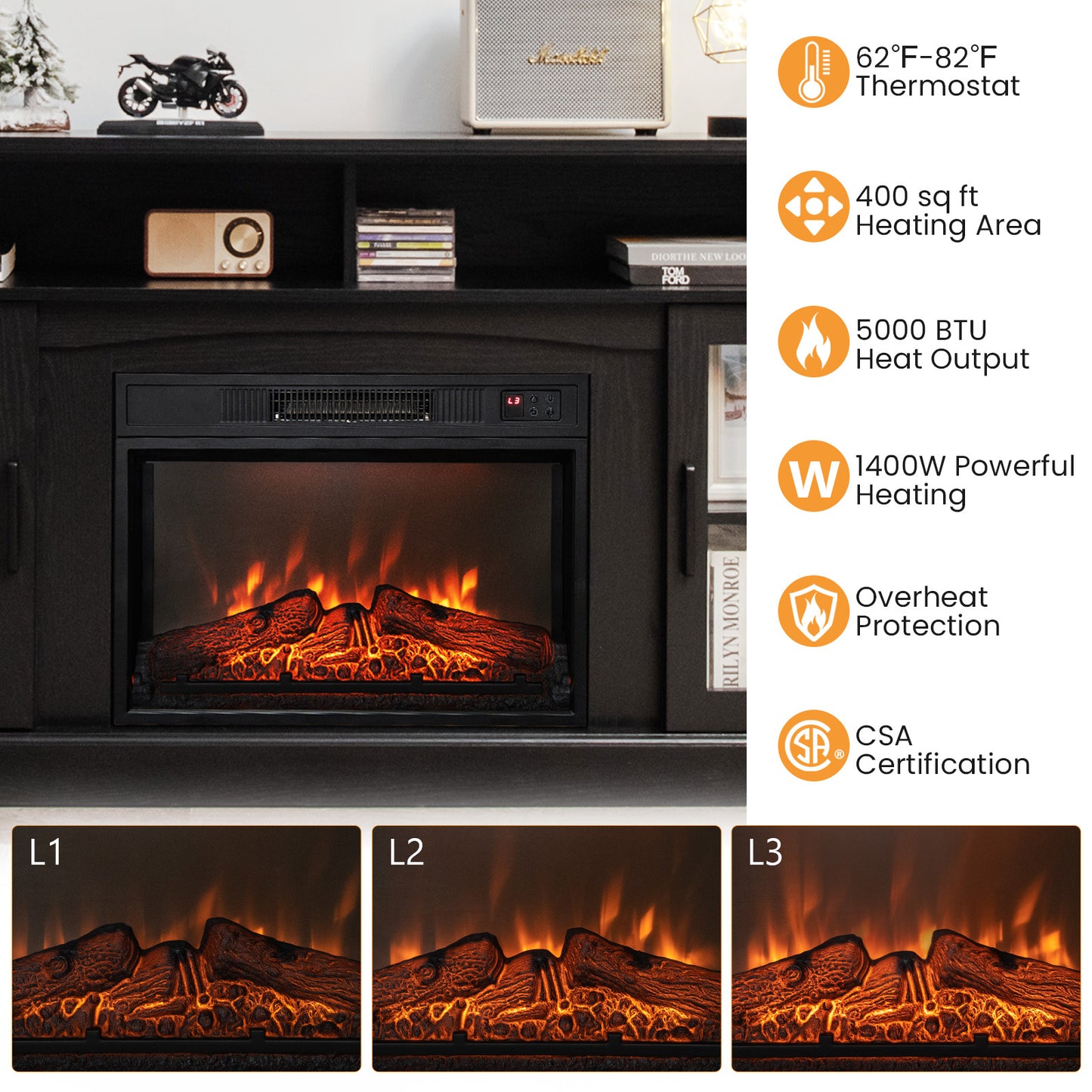 Entertainment Center with 1400W Electric Fireplace for TVs up to 65 Inches in Black