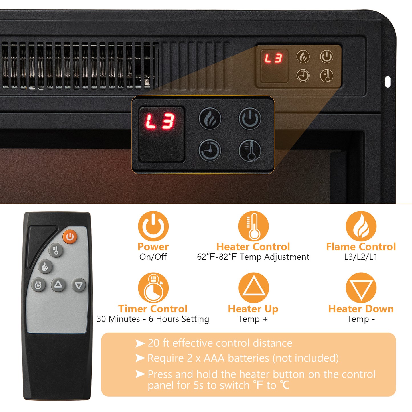 Entertainment Center with 1400W Electric Fireplace for TVs up to 65 Inches in Black
