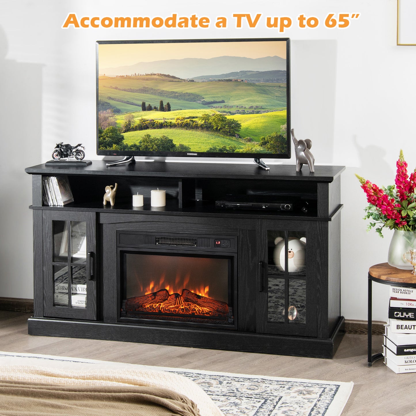 Entertainment Center with 1400W Electric Fireplace for TVs up to 65 Inches in Black
