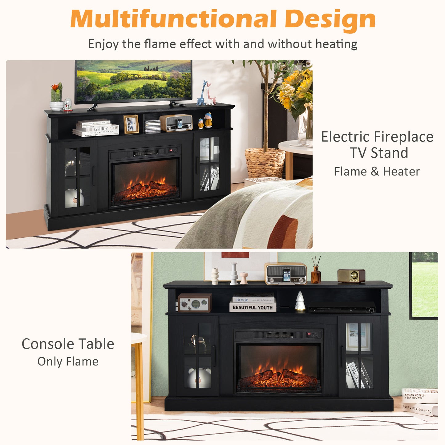 Entertainment Center with 1400W Electric Fireplace for TVs up to 65 Inches in Black