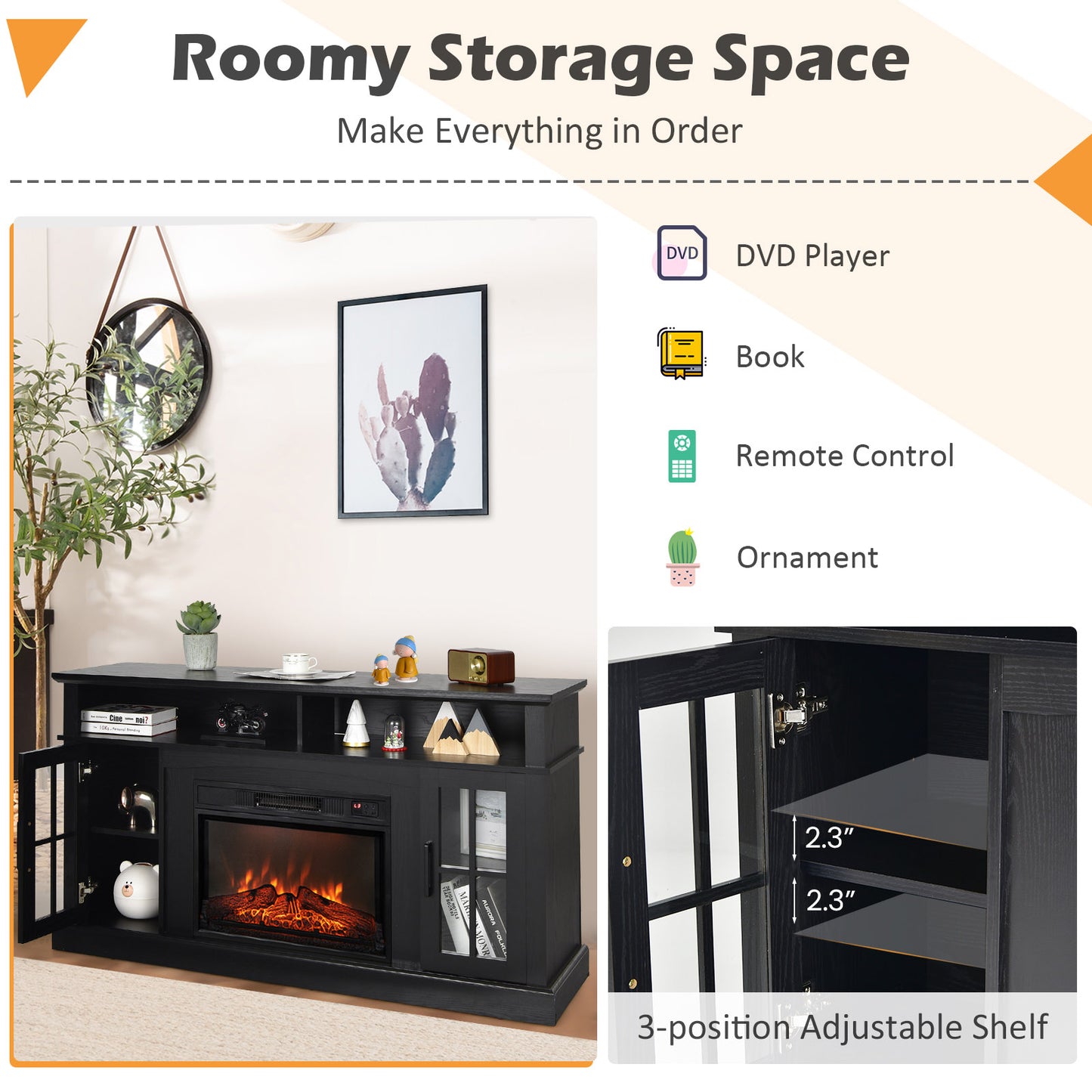 Entertainment Center with 1400W Electric Fireplace for TVs up to 65 Inches in Black