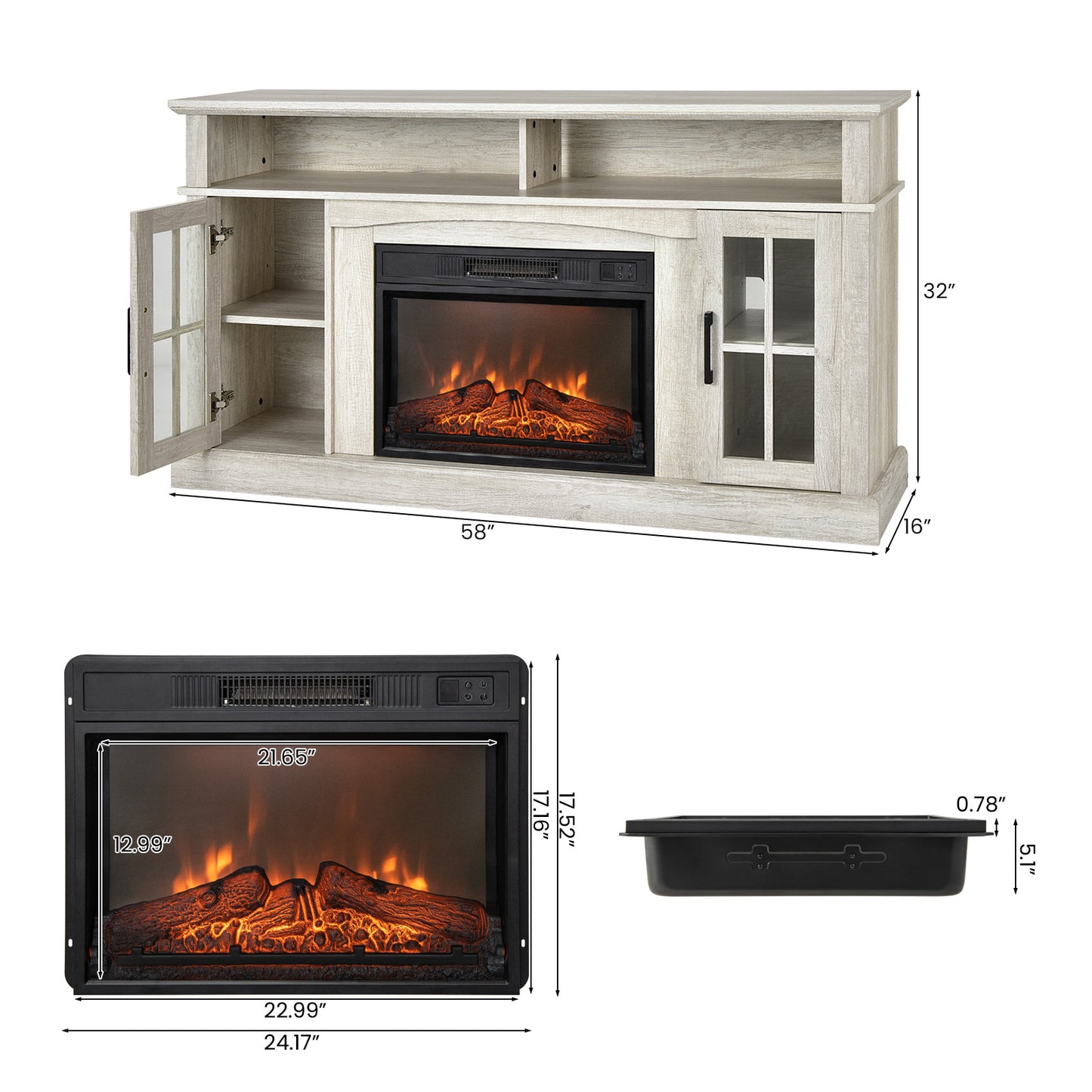 Entertainment Center with 1400W Electric Fireplace for TVs up to 65 Inches in Grey
