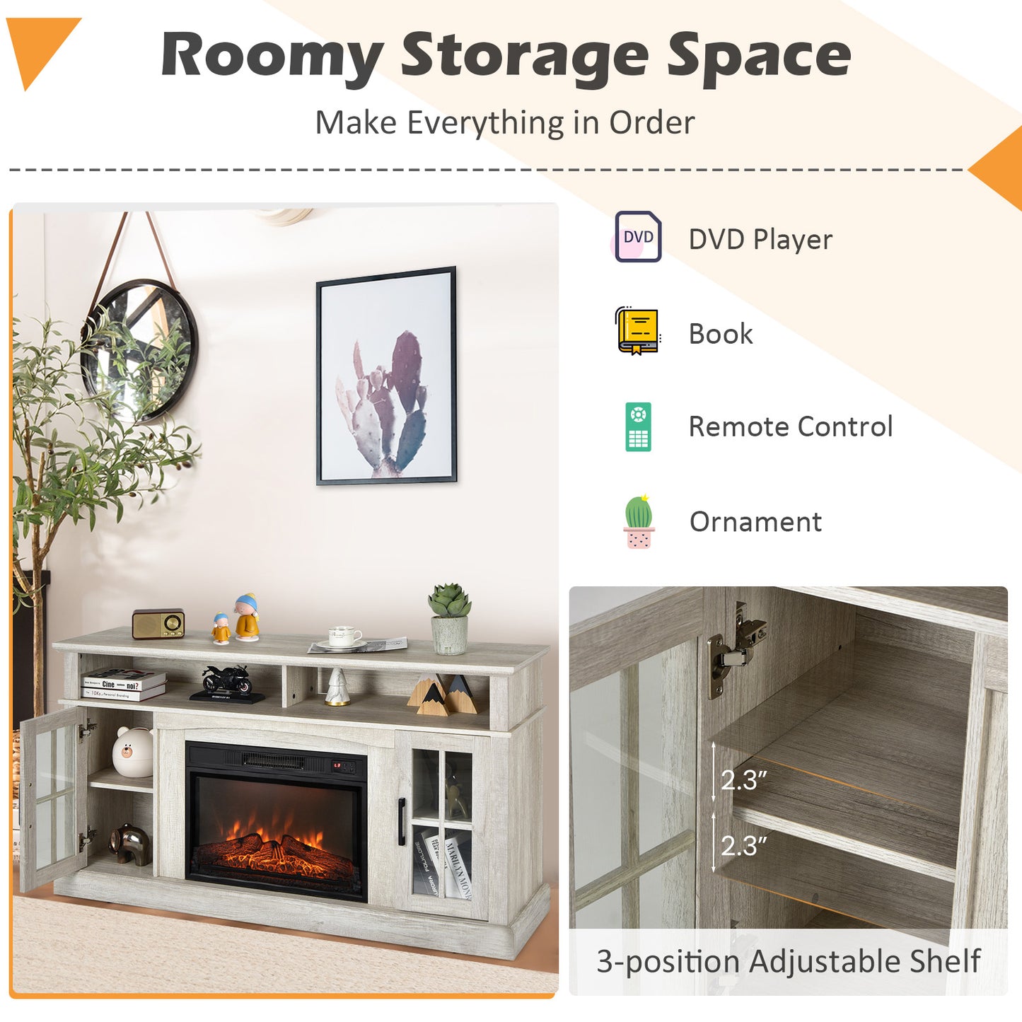 Entertainment Center with 1400W Electric Fireplace for TVs up to 65 Inches in Grey