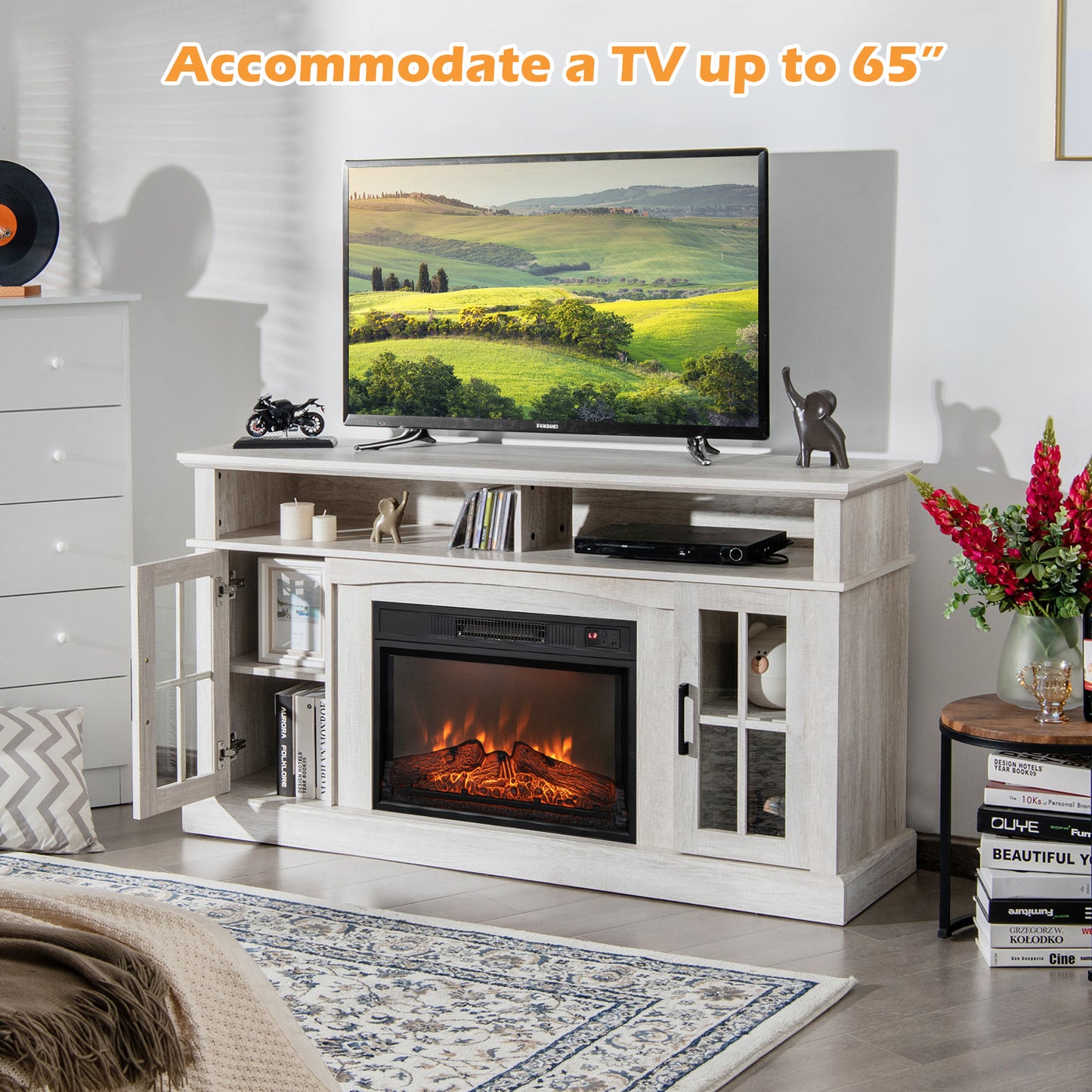 Entertainment Center with 1400W Electric Fireplace for TVs up to 65 Inches in Grey