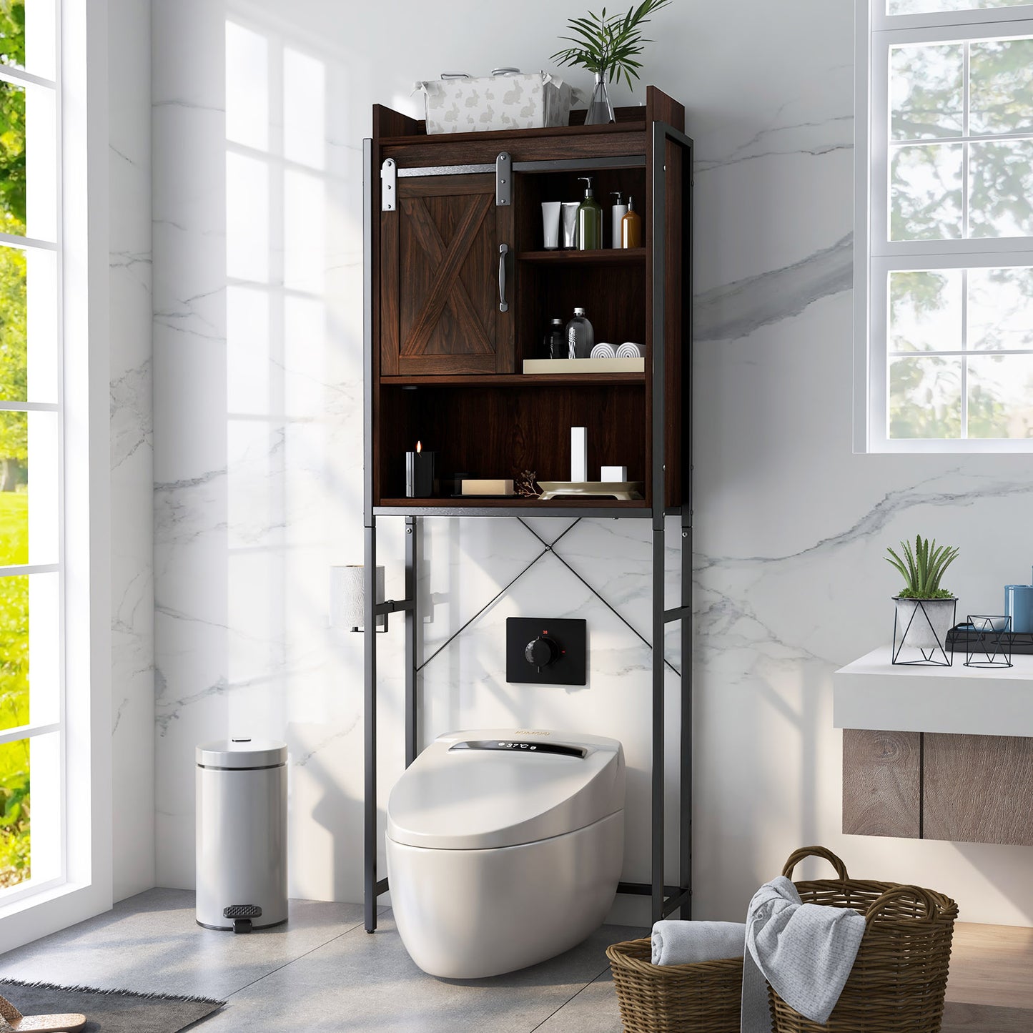 4 Tier Bathroom Storage Cabinet with Adjustable Shelves and Sliding Barn Door