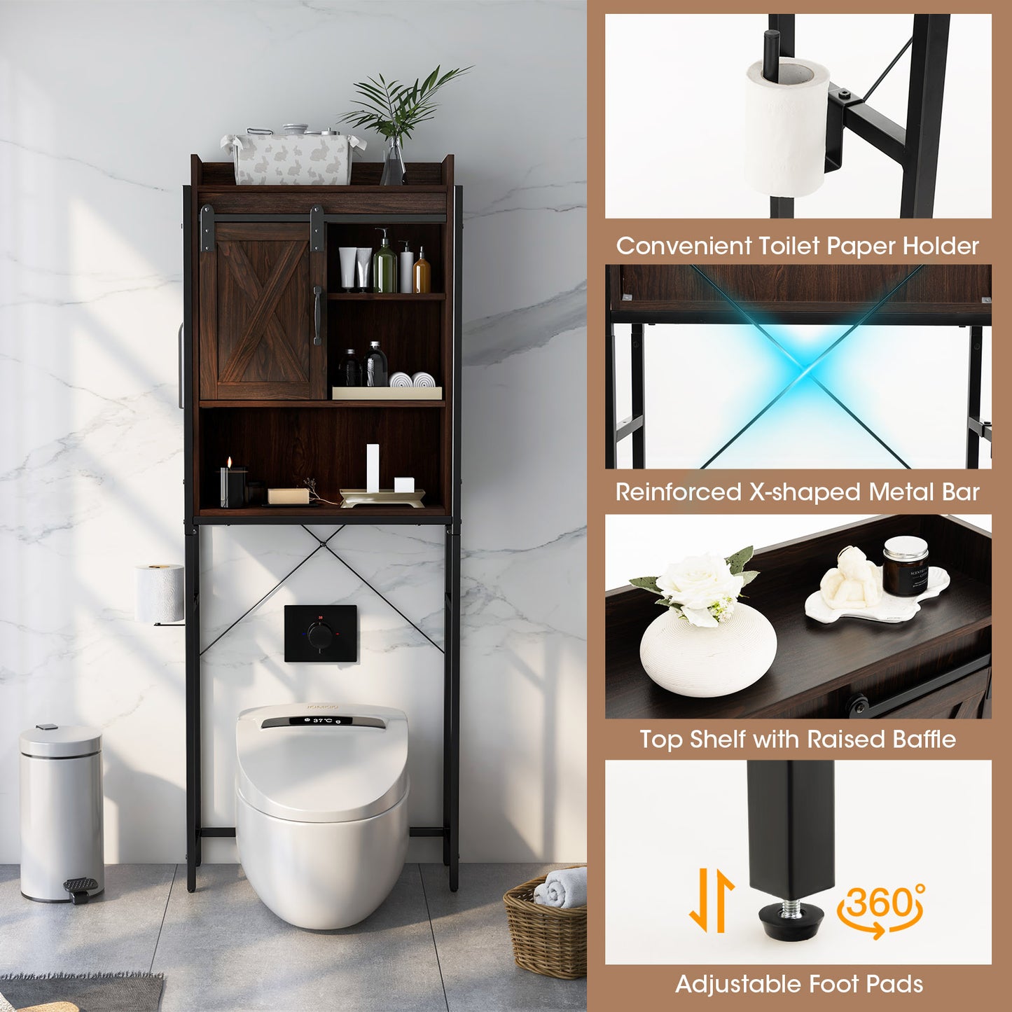 4 Tier Bathroom Storage Cabinet with Adjustable Shelves and Sliding Barn Door