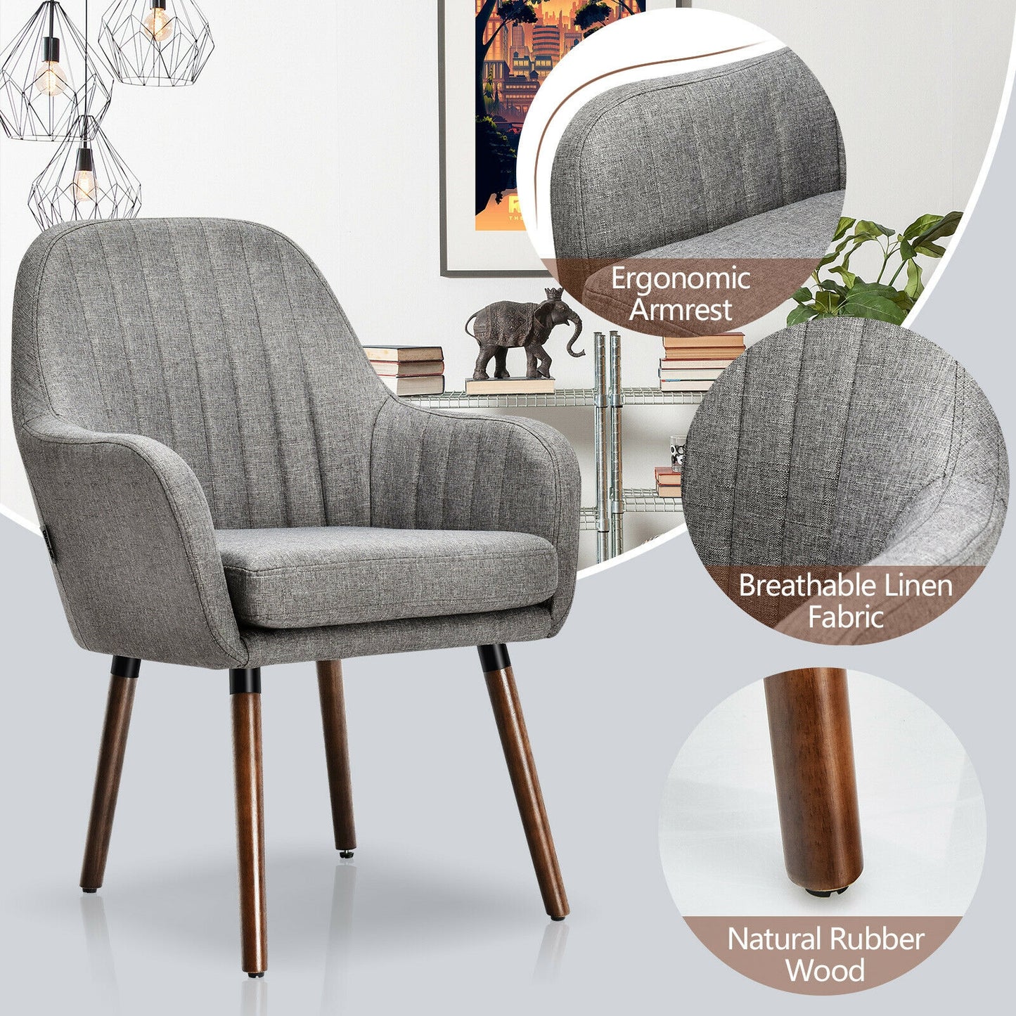 Set of 2 Linen Upholstered Armchairs with Natural Wood Legs and Padded Seat in Grey