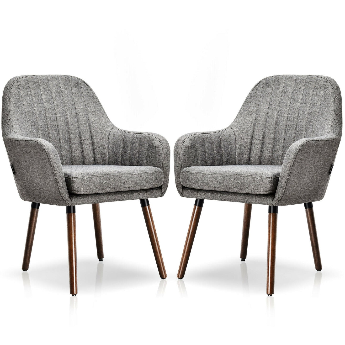 Set of 2 Linen Upholstered Armchairs with Natural Wood Legs and Padded Seat in Grey