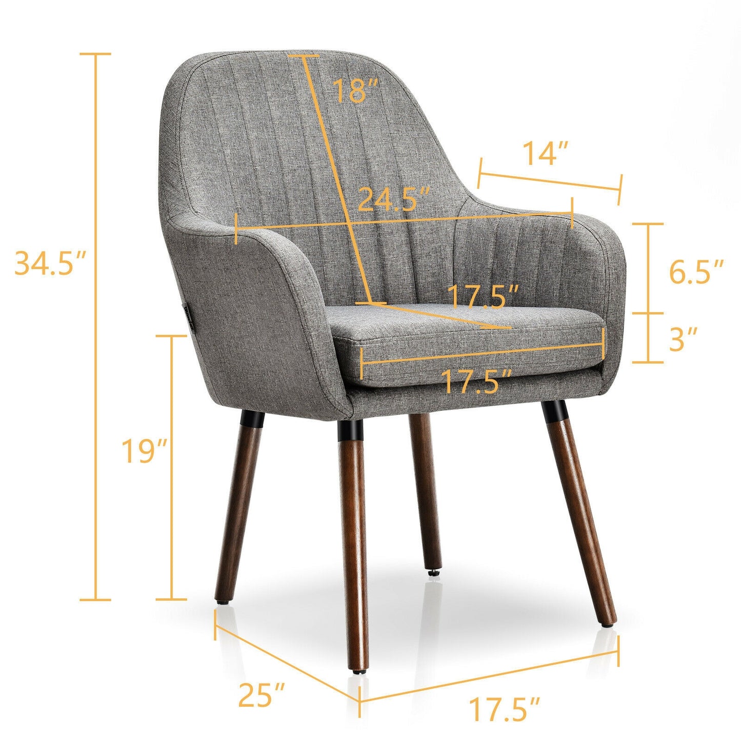 Set of 2 Linen Upholstered Armchairs with Natural Wood Legs and Padded Seat in Grey