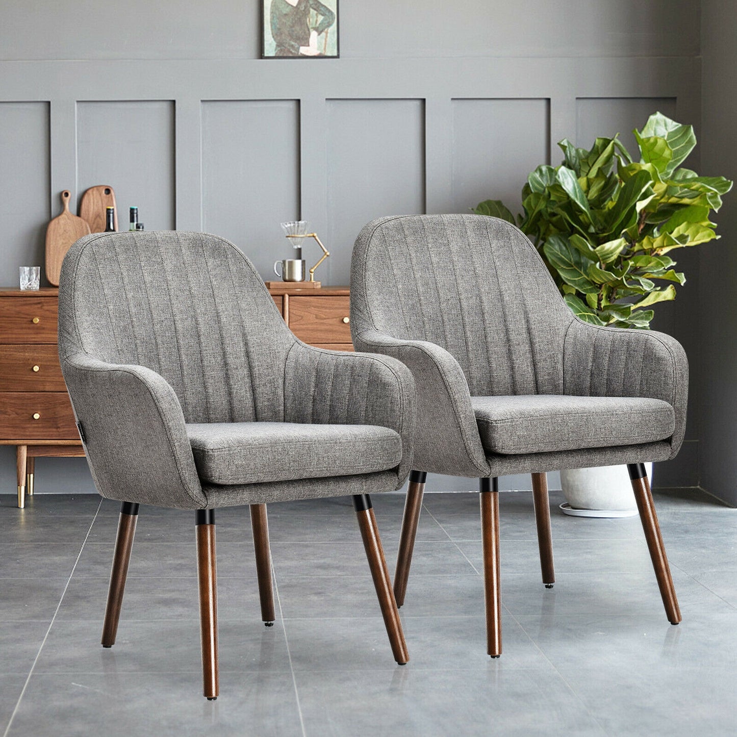 Set of 2 Linen Upholstered Armchairs with Natural Wood Legs and Padded Seat in Grey