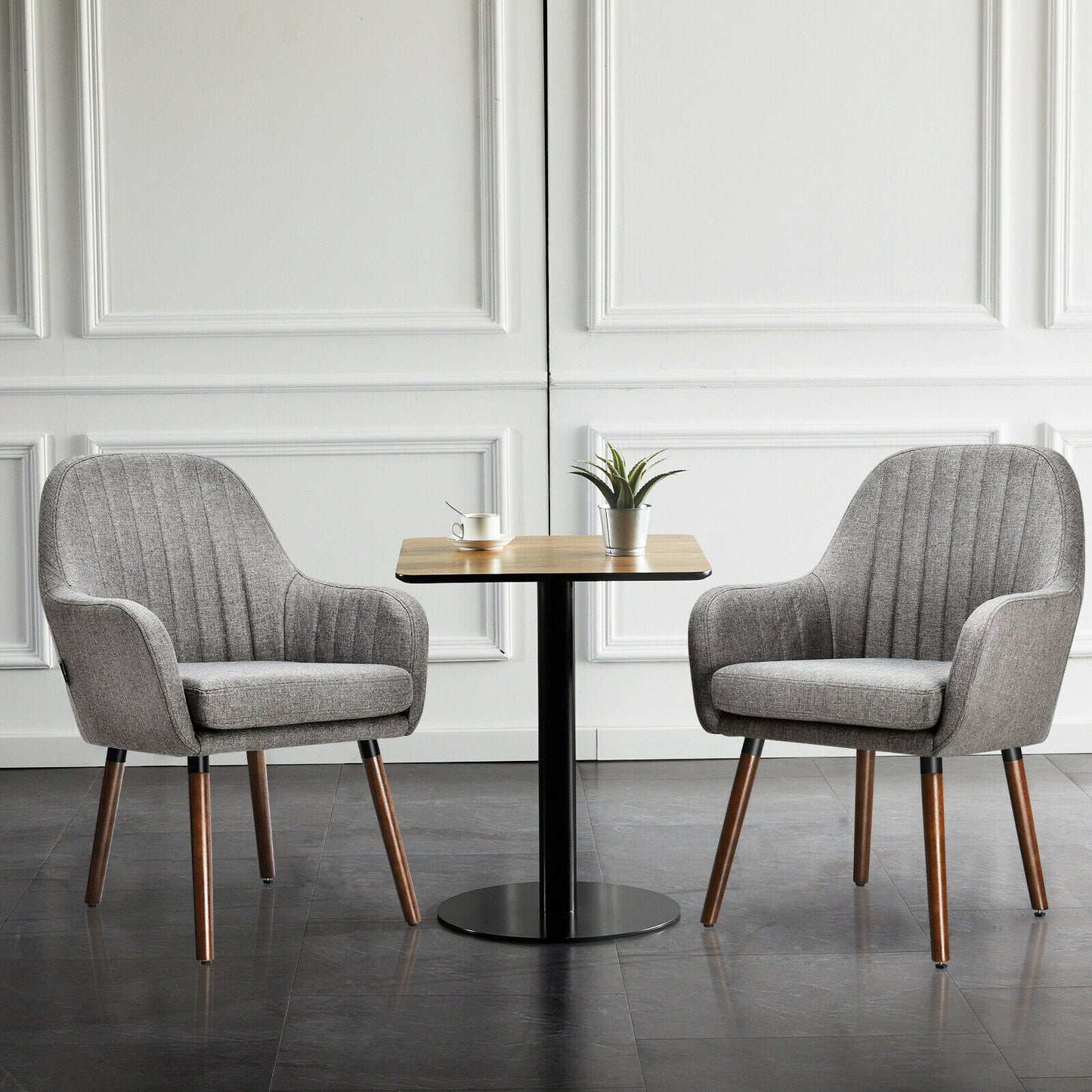 Set of 2 Linen Upholstered Armchairs with Natural Wood Legs and Padded Seat in Grey
