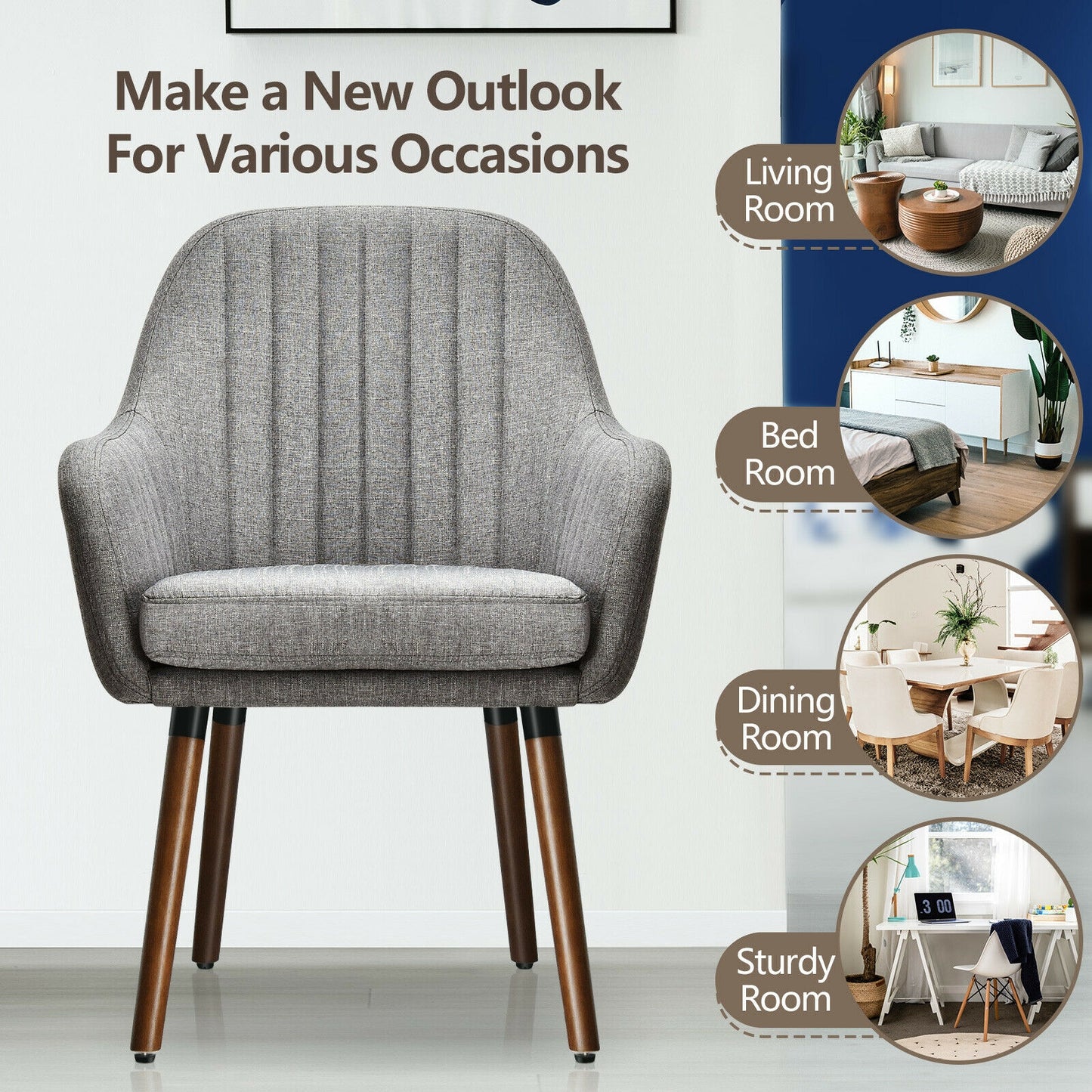 Set of 2 Linen Upholstered Armchairs with Natural Wood Legs and Padded Seat in Grey
