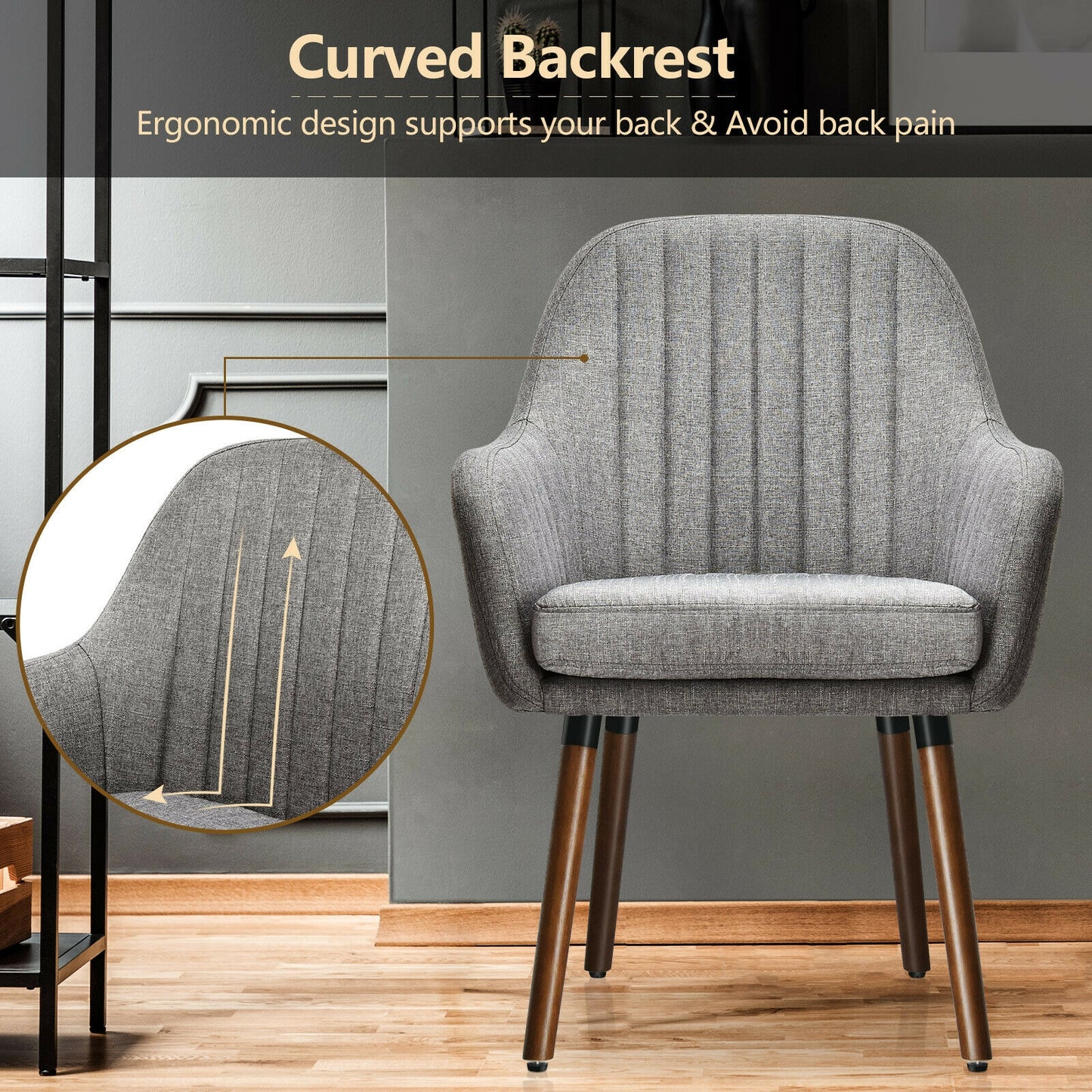 Set of 2 Linen Upholstered Armchairs with Natural Wood Legs and Padded Seat in Grey