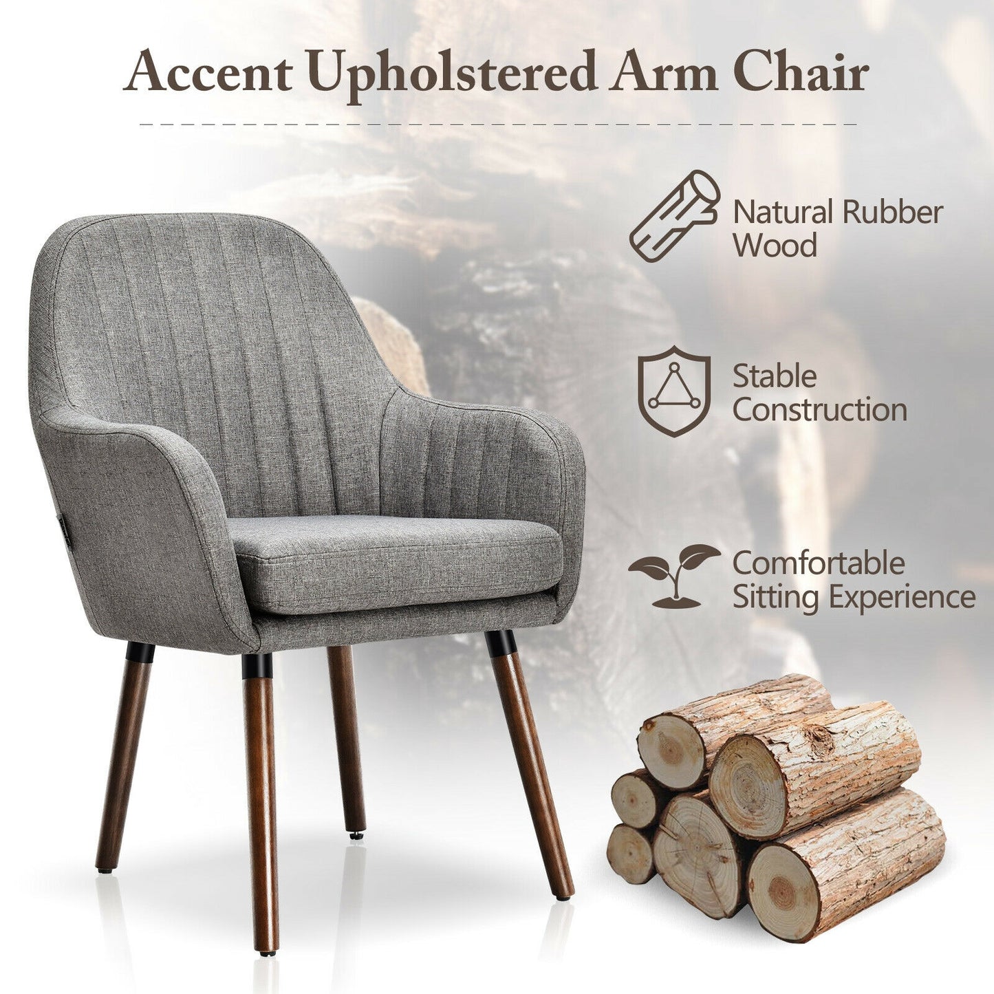 Set of 2 Linen Upholstered Armchairs with Natural Wood Legs and Padded Seat in Grey