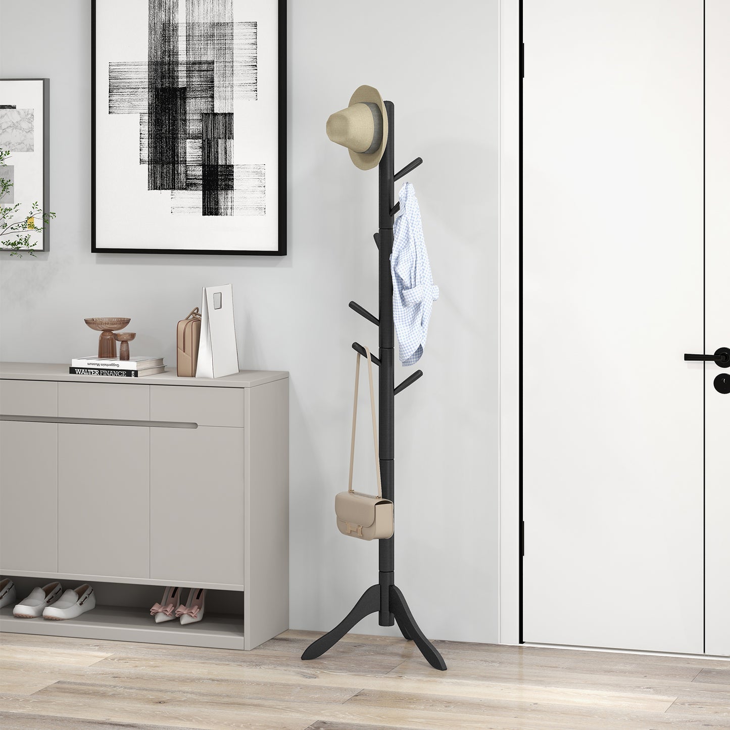Adjustable Wooden Coat Rack Tree with 8 Hooks in Black