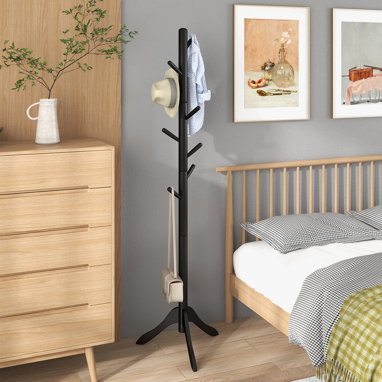 Adjustable Wooden Coat Rack Tree with 8 Hooks in Black