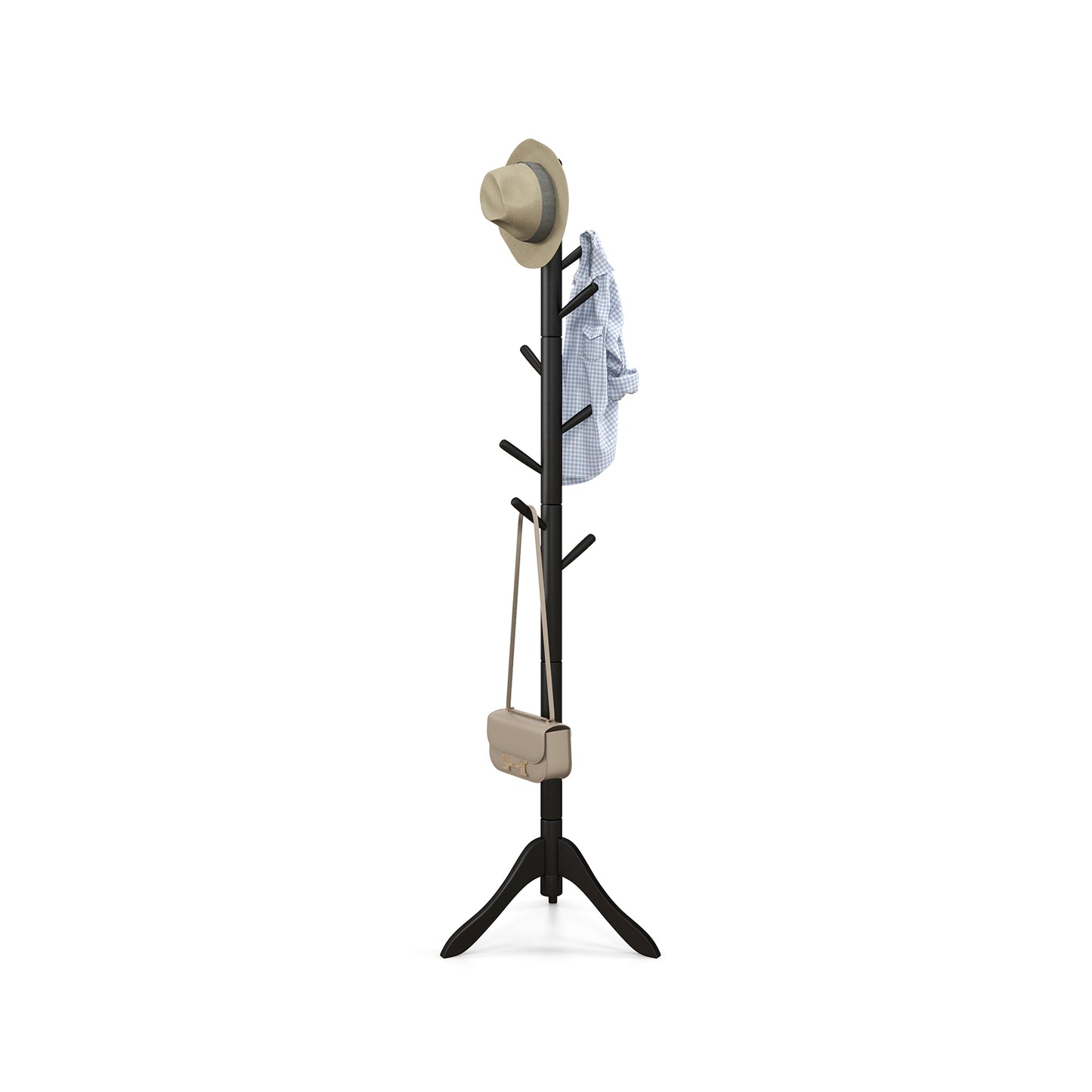 Adjustable Wooden Coat Rack Tree with 8 Hooks in Black