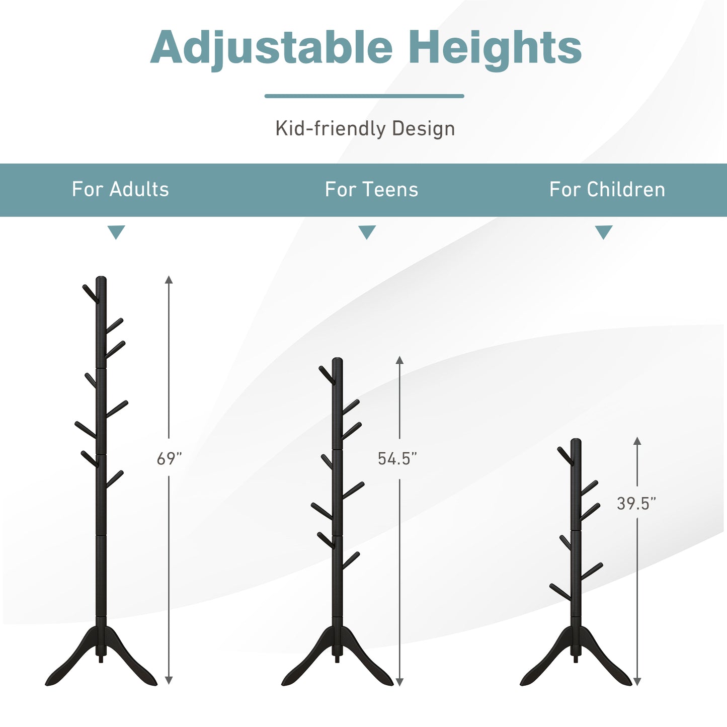 Adjustable Wooden Coat Rack Tree with 8 Hooks in Black