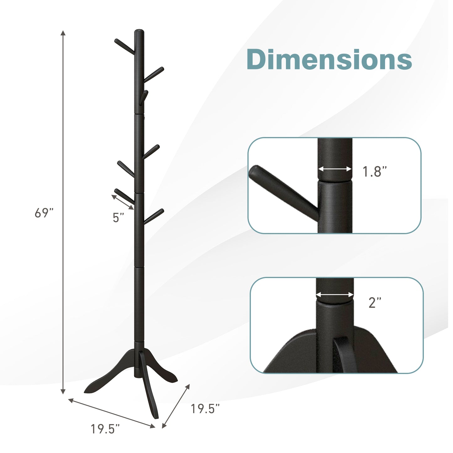 Adjustable Wooden Coat Rack Tree with 8 Hooks in Black