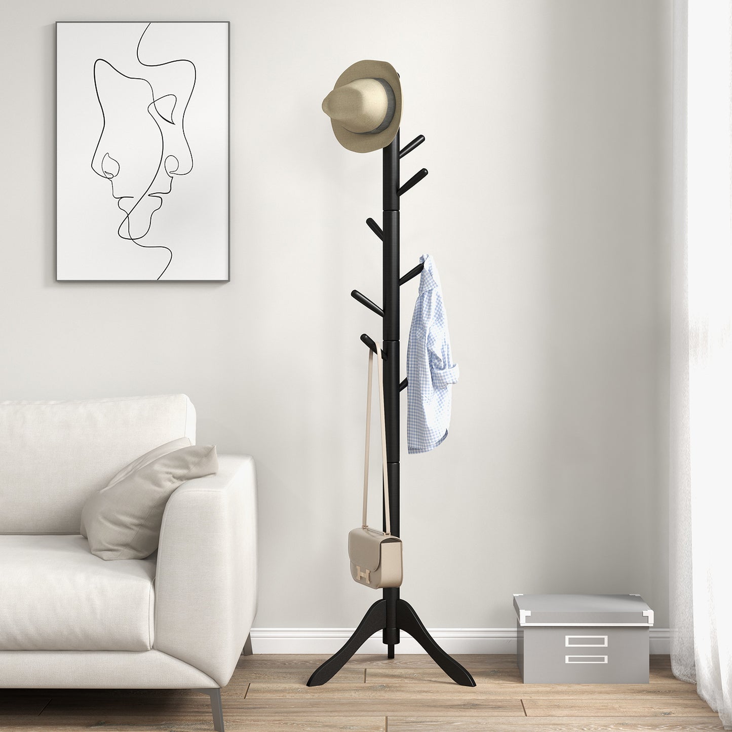 Adjustable Wooden Coat Rack Tree with 8 Hooks in Black