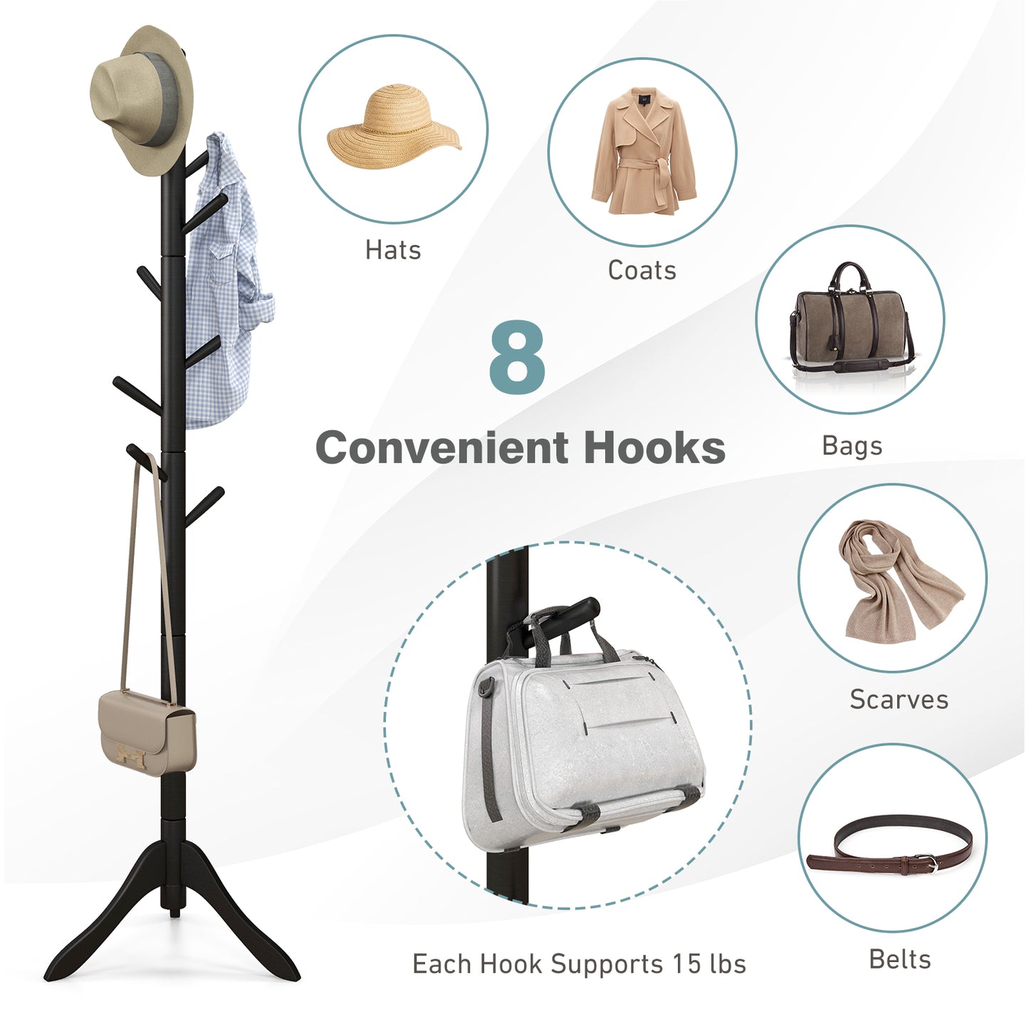 Adjustable Wooden Coat Rack Tree with 8 Hooks in Black