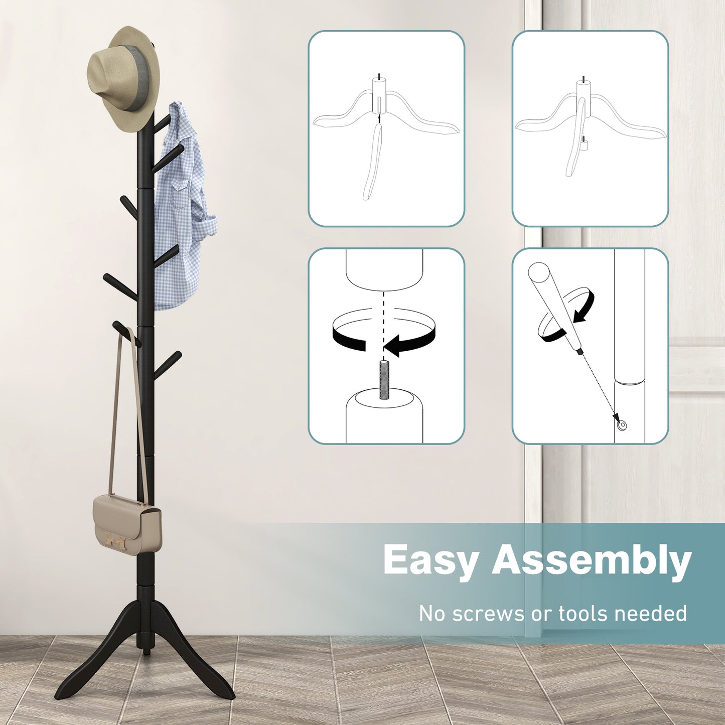 Adjustable Wooden Coat Rack Tree with 8 Hooks in Black