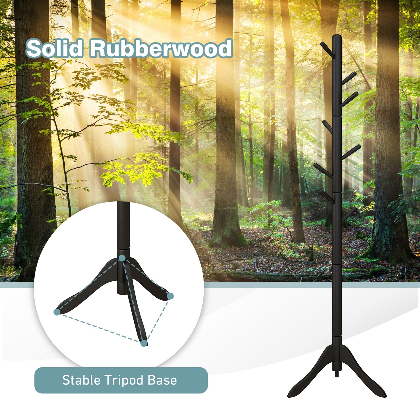 Adjustable Wooden Coat Rack Tree with 8 Hooks in Black