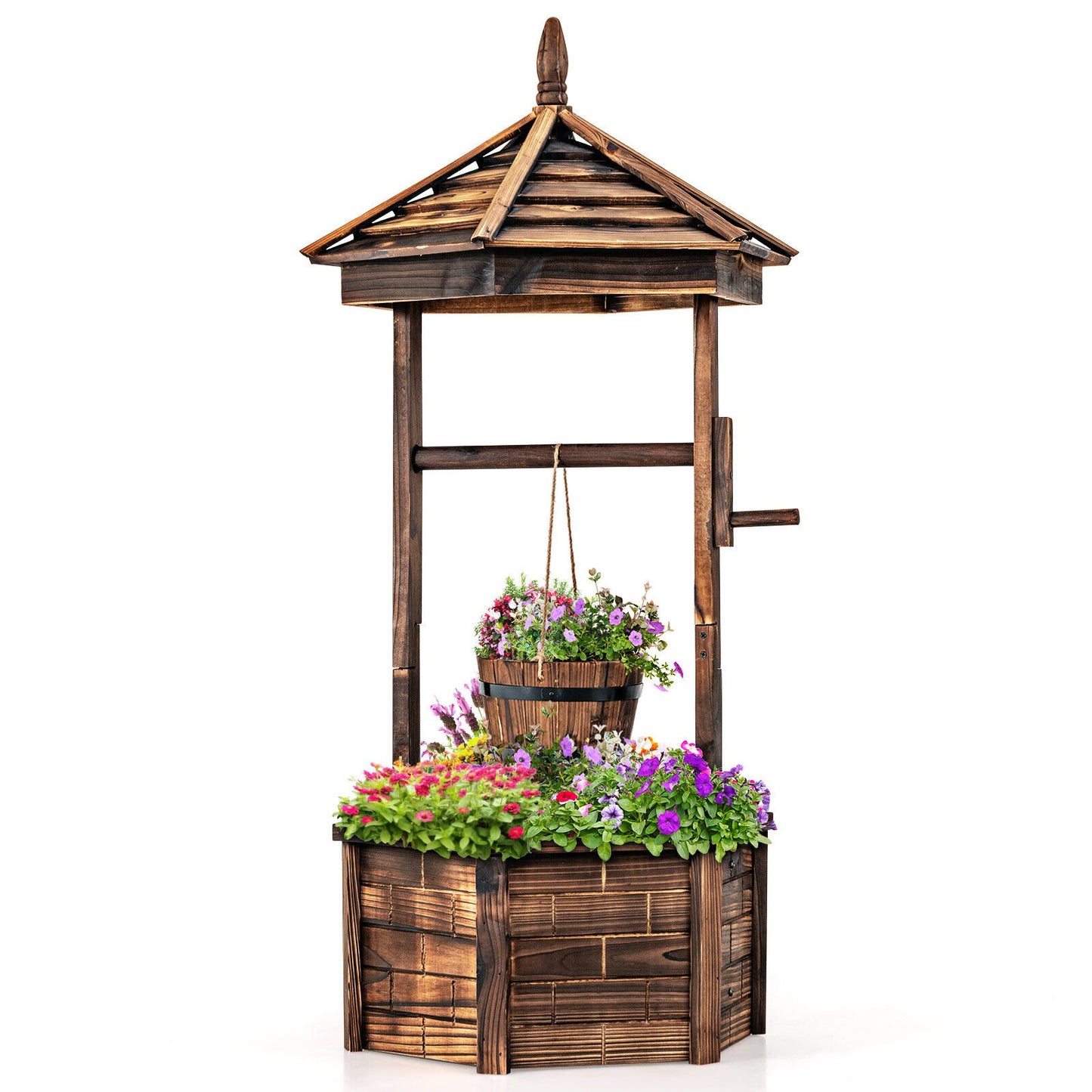 Rustic Wooden Wishing Well Planter with Adjustable Bucket & Protective Roof