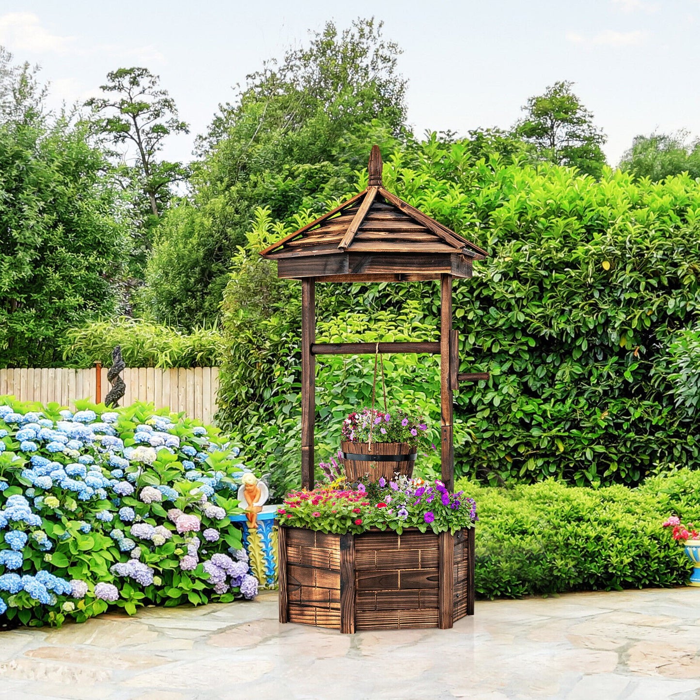 Rustic Wooden Wishing Well Planter with Adjustable Bucket & Protective Roof