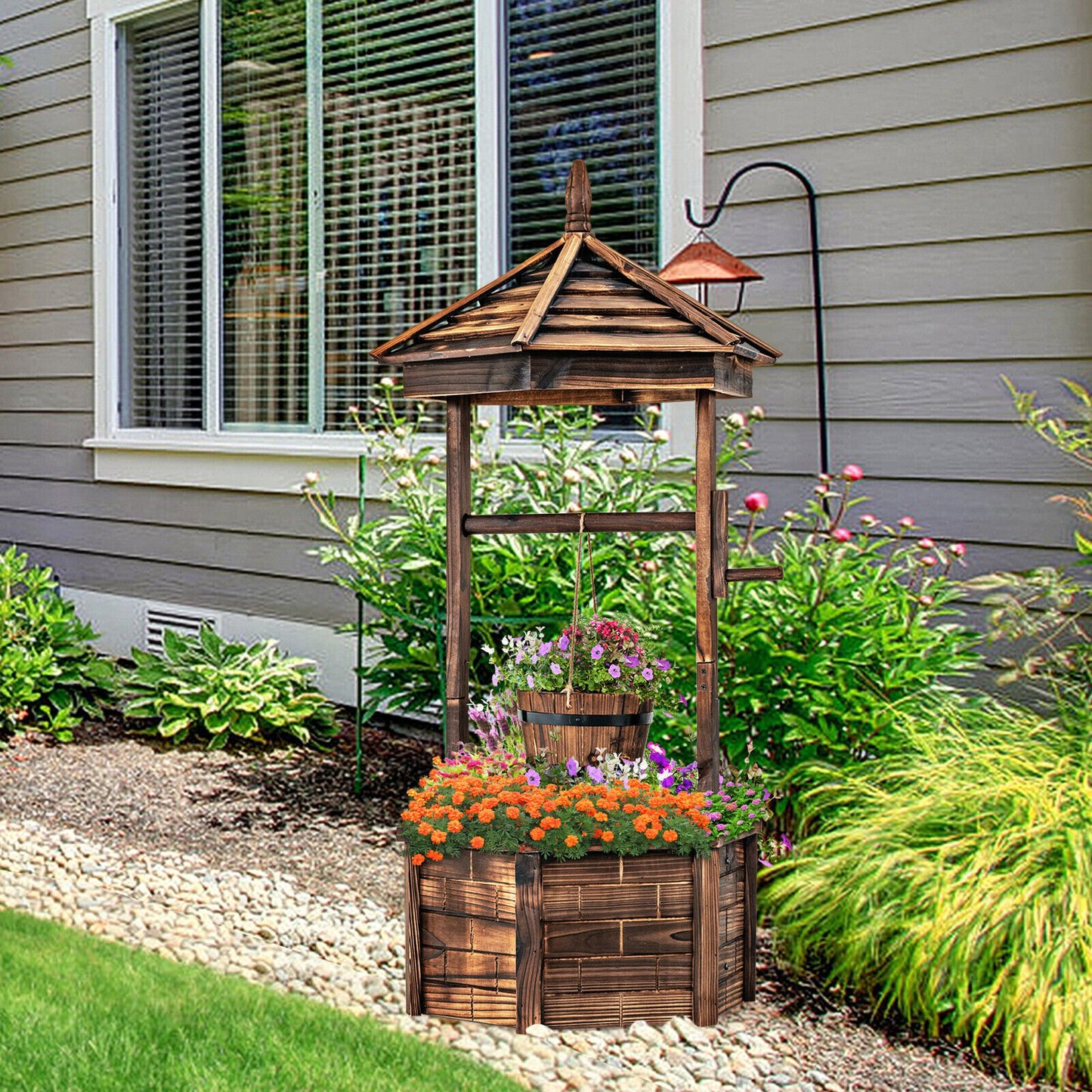 Rustic Wooden Wishing Well Planter with Adjustable Bucket & Protective Roof