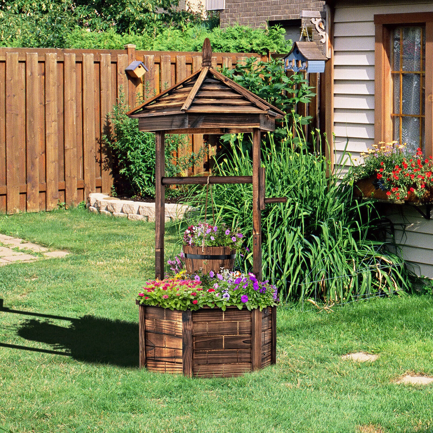 Rustic Wooden Wishing Well Planter with Adjustable Bucket & Protective Roof