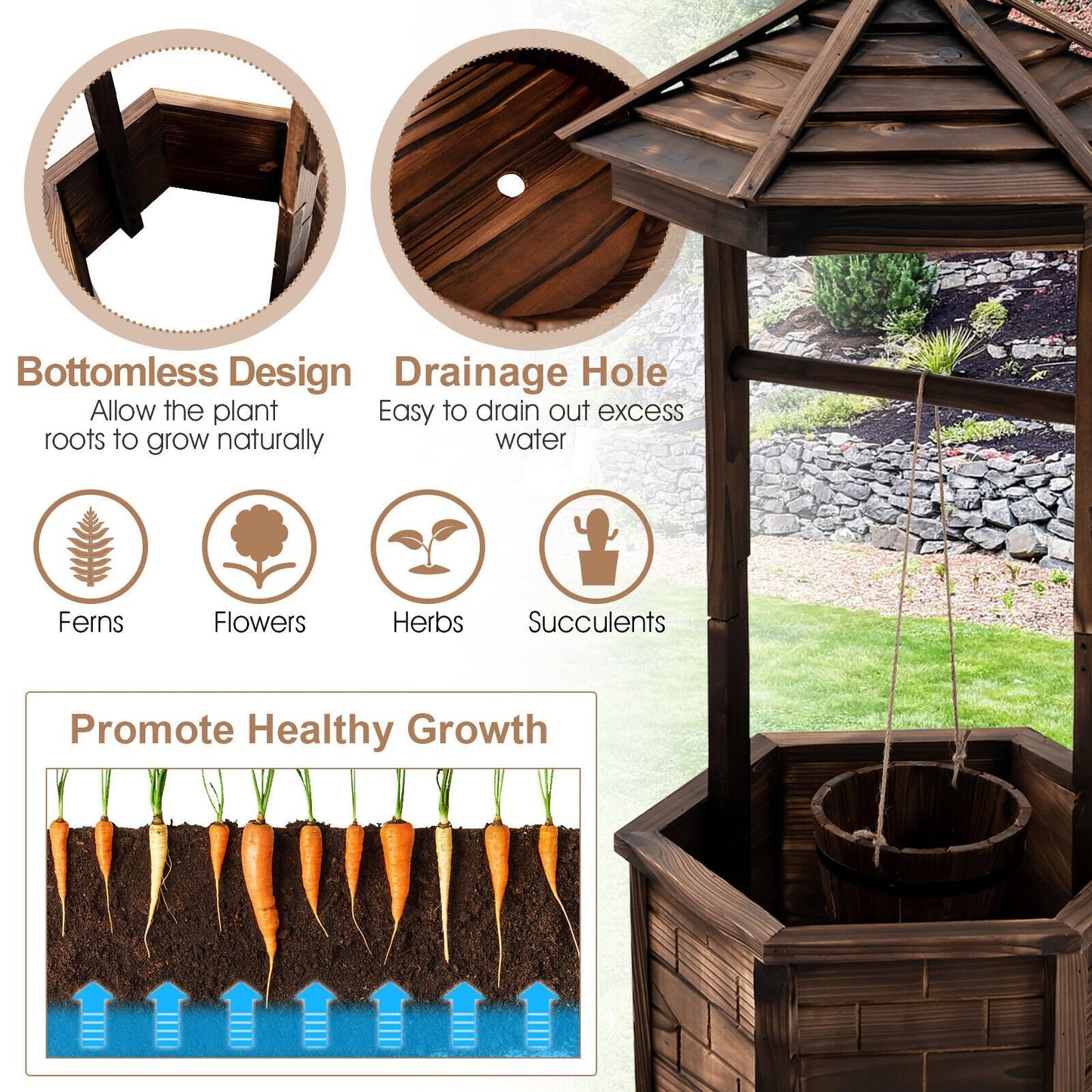 Rustic Wooden Wishing Well Planter with Adjustable Bucket & Protective Roof