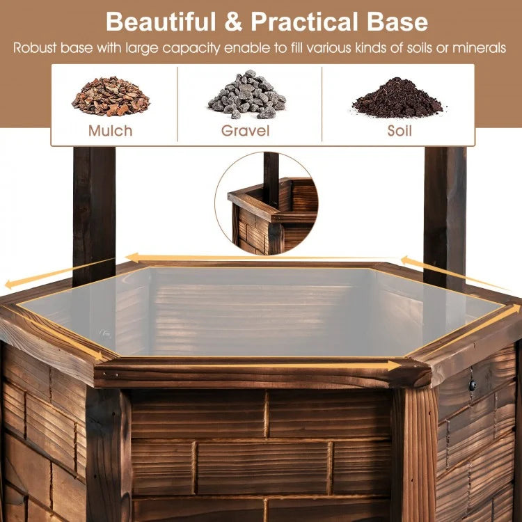 Rustic Wooden Wishing Well Planter with Adjustable Bucket & Protective Roof