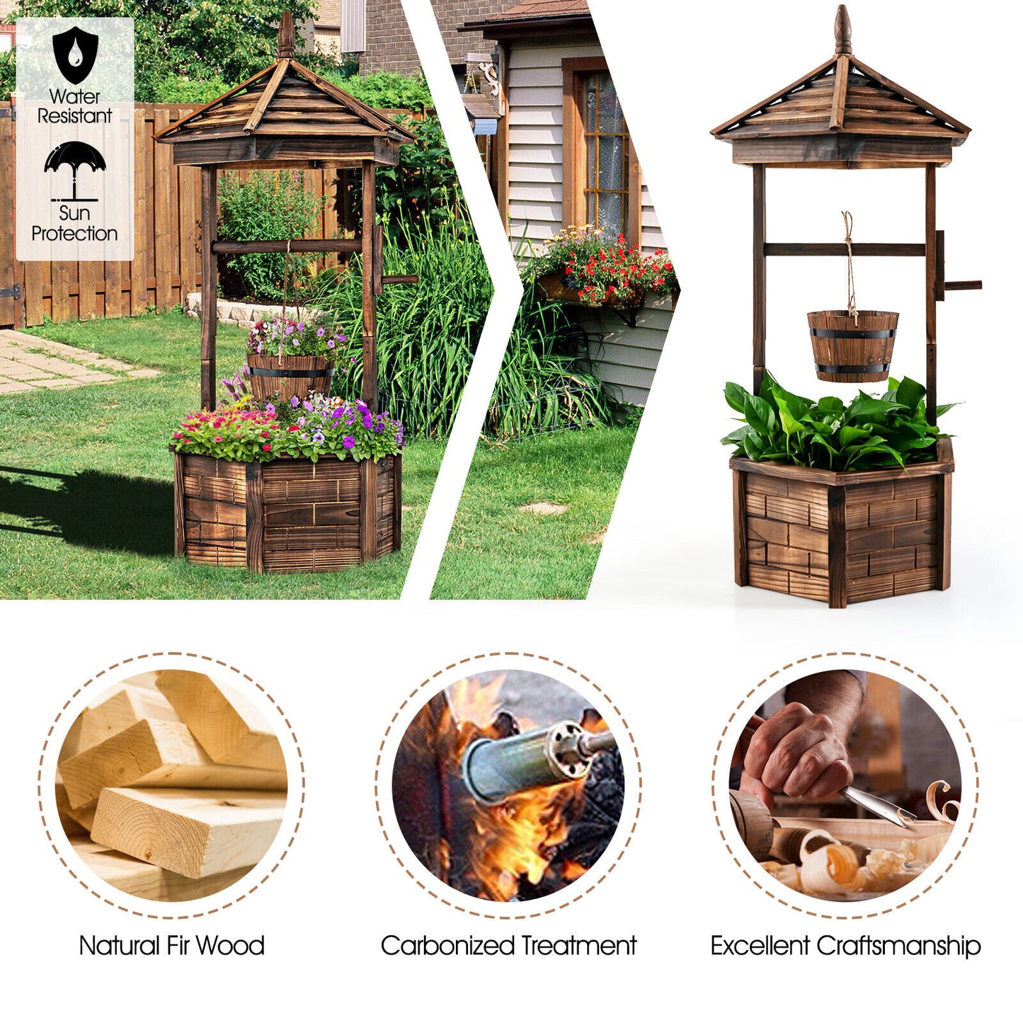 Rustic Wooden Wishing Well Planter with Adjustable Bucket & Protective Roof