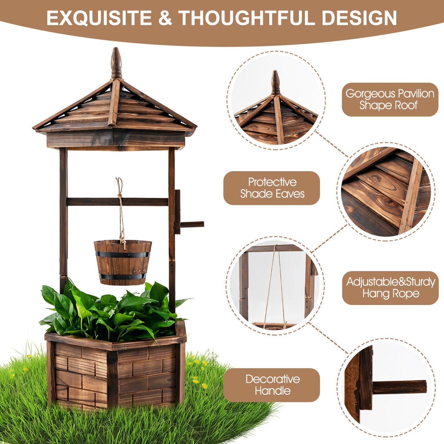 Rustic Wooden Wishing Well Planter with Adjustable Bucket & Protective Roof