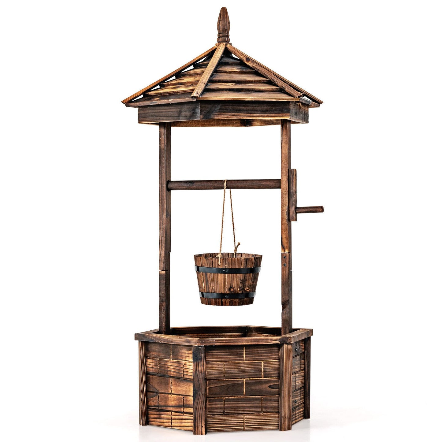 Rustic Wooden Wishing Well Planter with Adjustable Bucket & Protective Roof