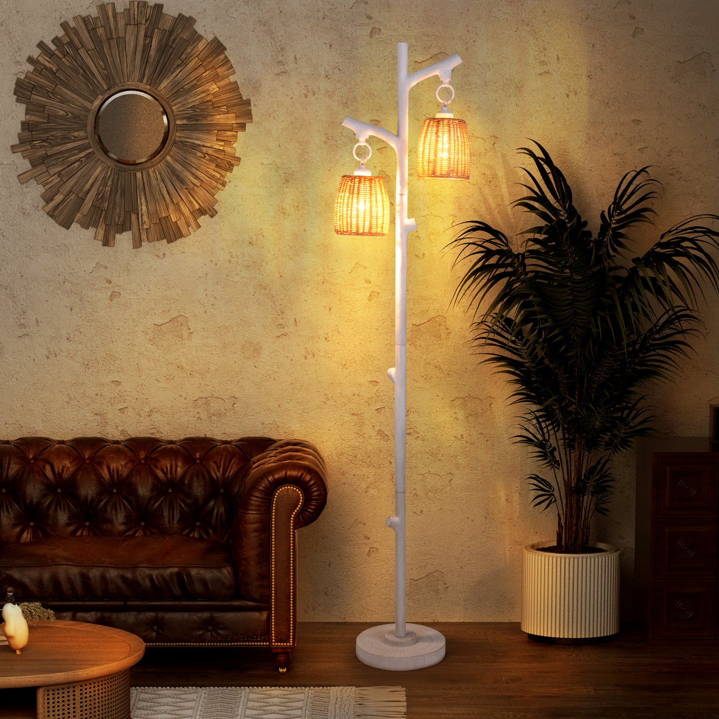 2 Light Tree Trunk Floor Lamp with Wicker Shades and Adjustable Brightness