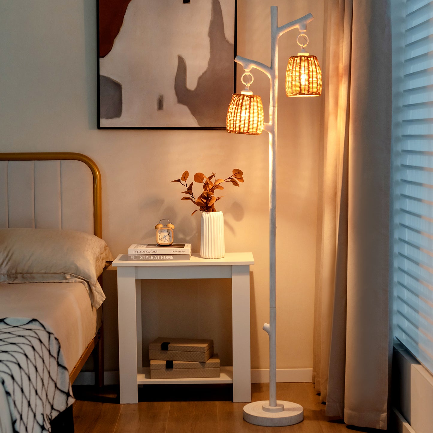 2 Light Tree Trunk Floor Lamp with Wicker Shades and Adjustable Brightness
