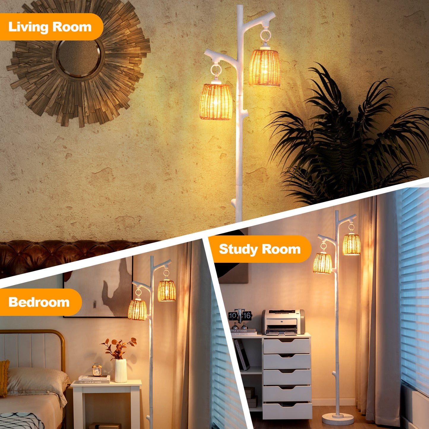2 Light Tree Trunk Floor Lamp with Wicker Shades and Adjustable Brightness